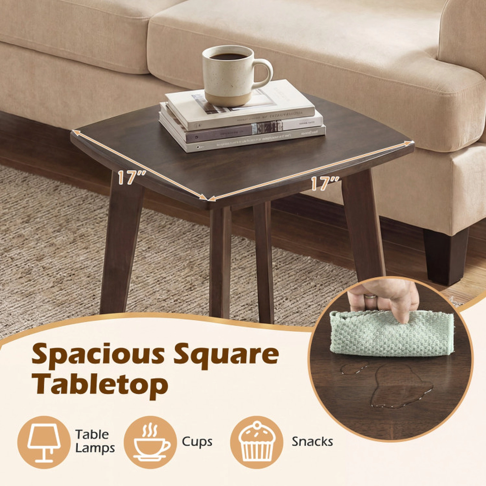 SUGIFT Thickened Top and Curved Edge Walnut Solid Rubber Wood Square End Table