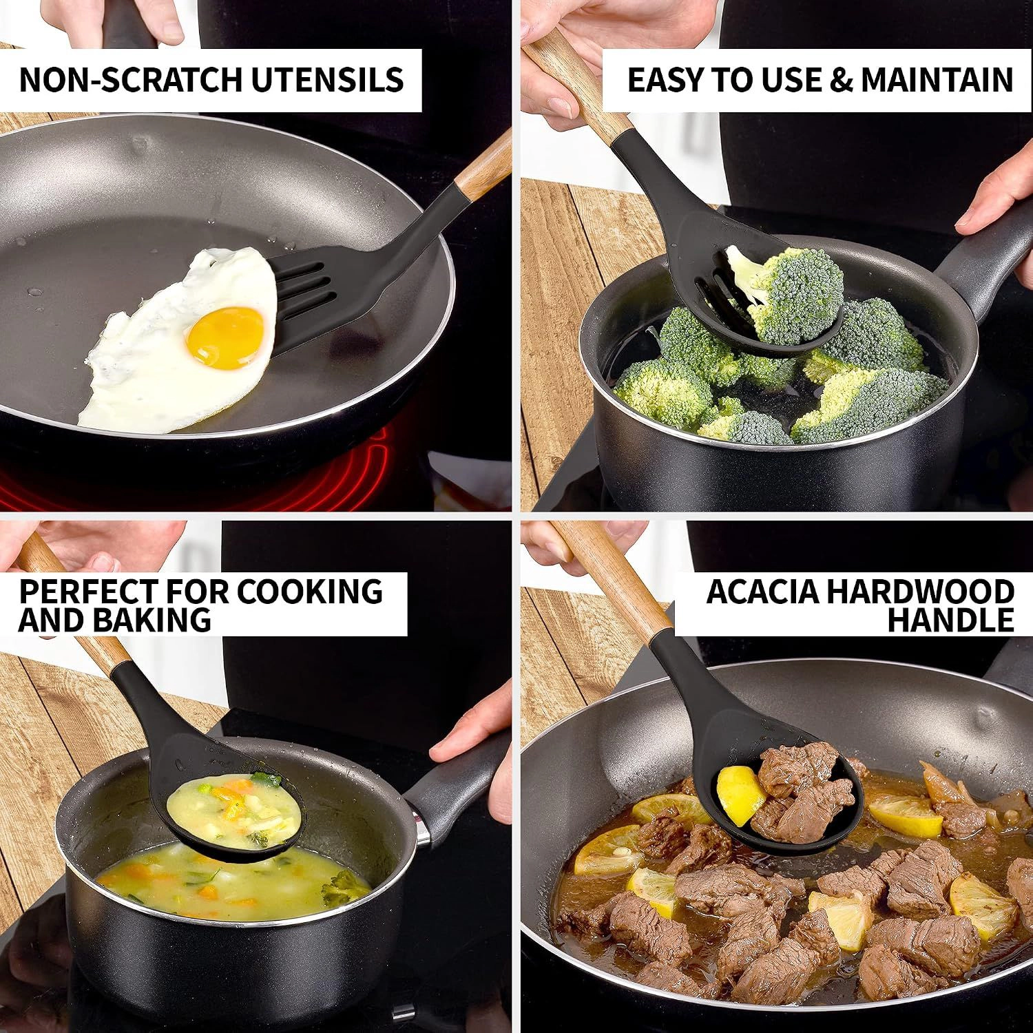 Zulay Kitchen Utensils Set Non-Stick Silicone Cooking with Authentic Acacia Wood Handles 5 Piece