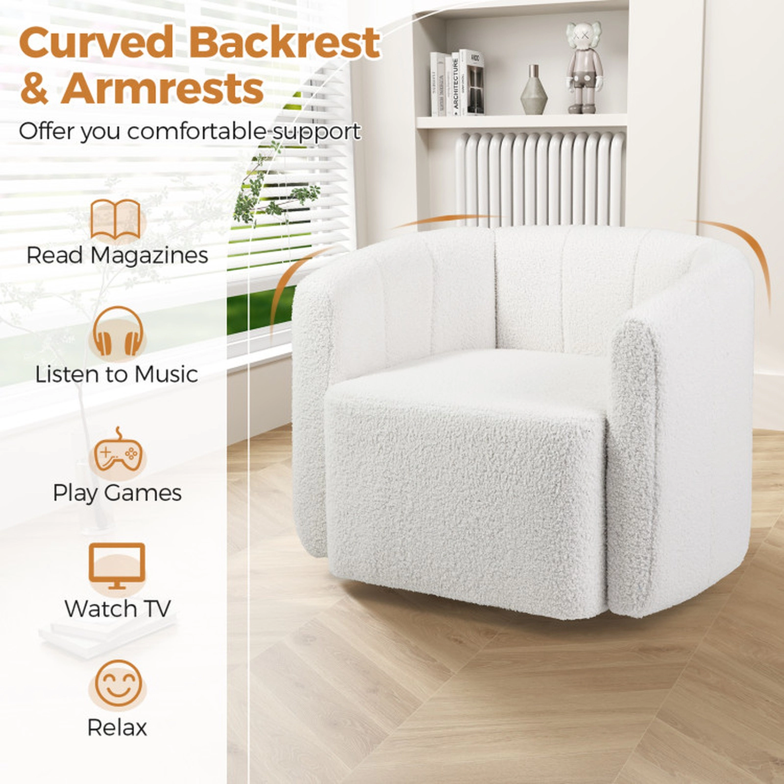 SUGIFT 360-Degree Swivel Curved Back Sherpa Barrel Accent Chair 32.5-in x 27.5-in x 25.5-in 350-lb Capacity White