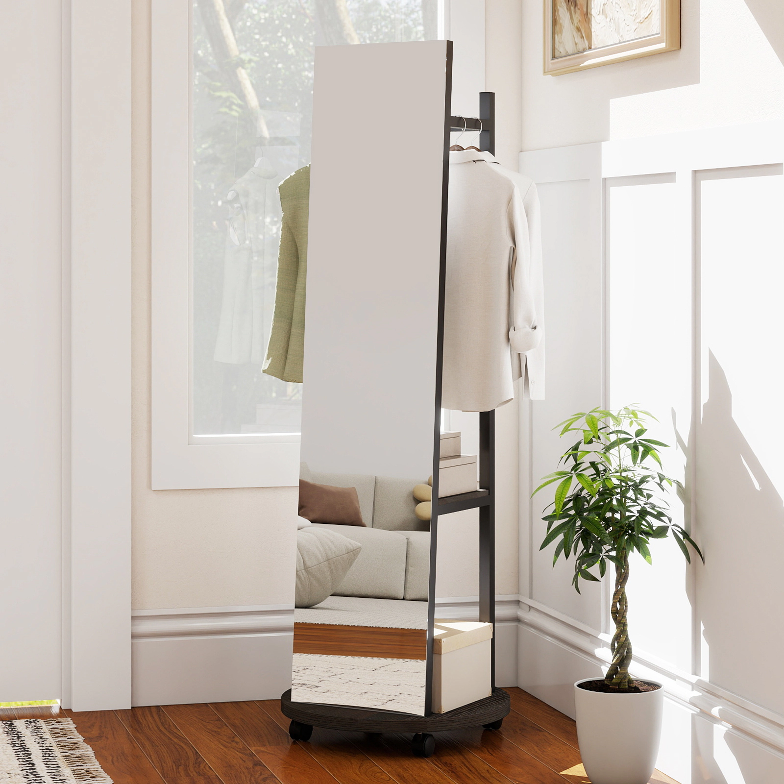 SUGIFT Coat Rack with Full Length Mirror Walnut Freestanding Coat Tree on Wheels