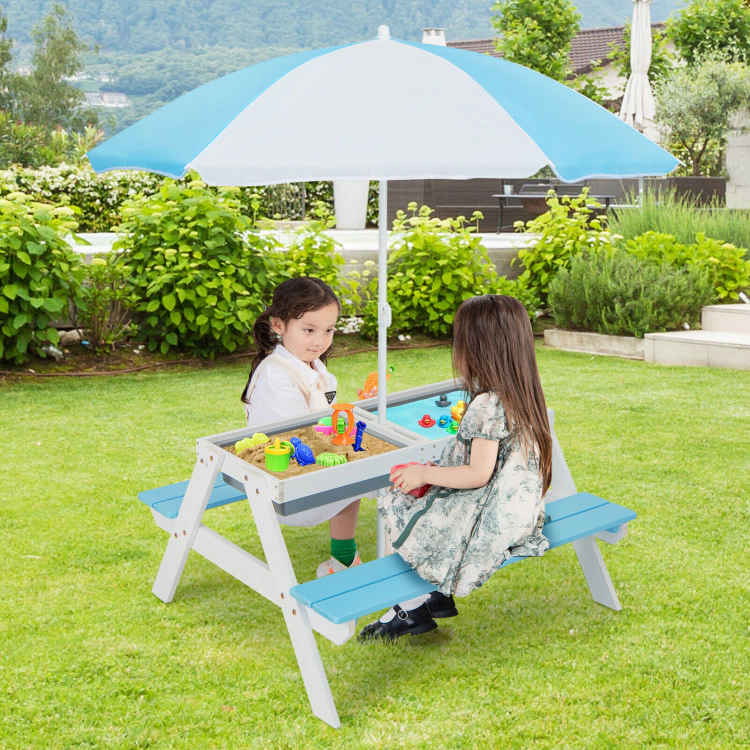 Hivvago 3-In-1 Kids Outdoor Picnic Water Sand Table With Removable Umbrella And Boxes-Coffee