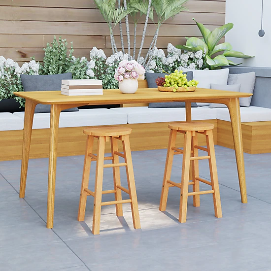 SUGIFT Set of 2 Round Seat and Footrest Eucalyptus Wood 24-in 265-lb Rated Outdoor Bar Stools Natural