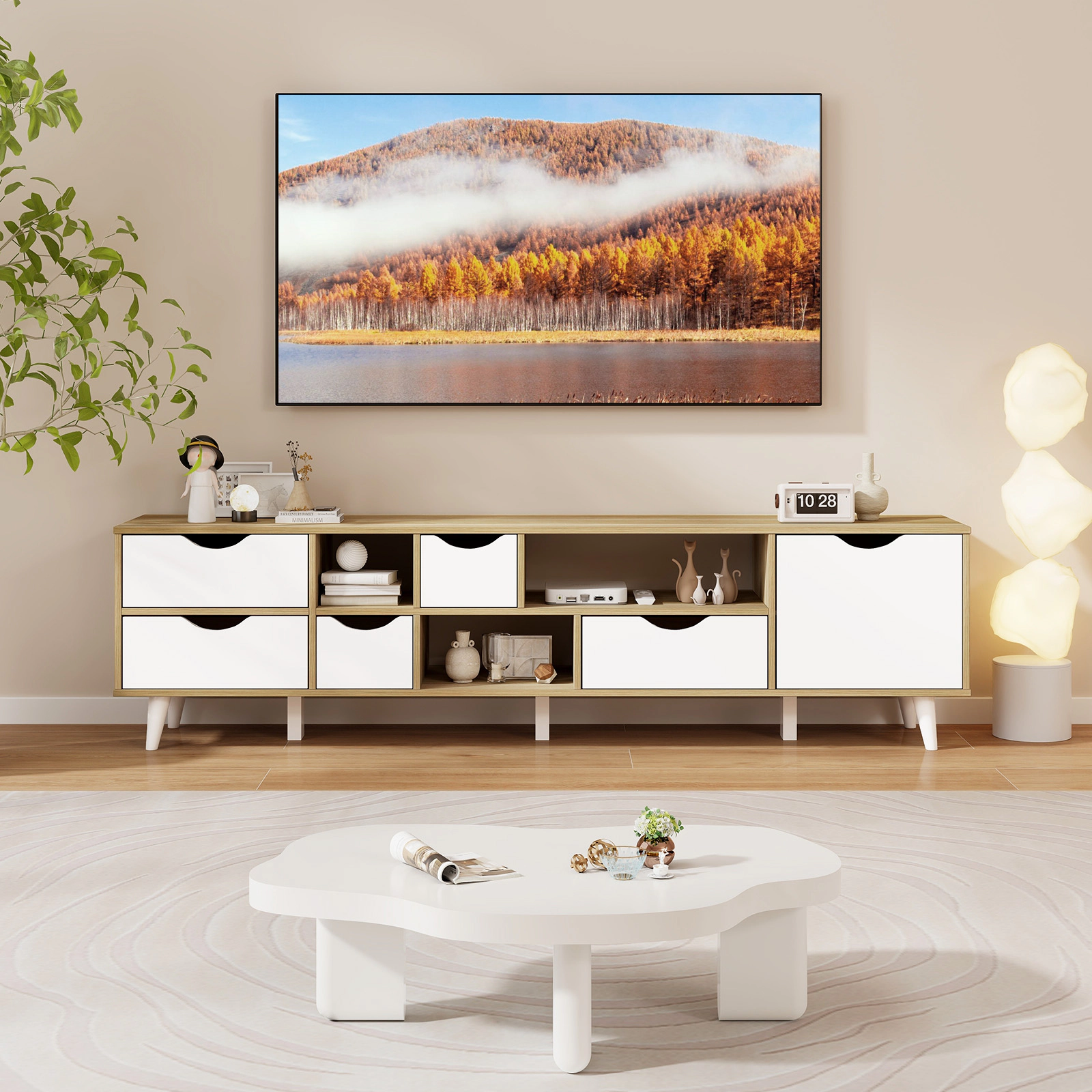 SUGIFT 59-in Engineered Wood MDF TV Stand for TVs up to 65 in 5 Drawers 3 Open Shelves Adjustable Shelf 57-lb Net Weight