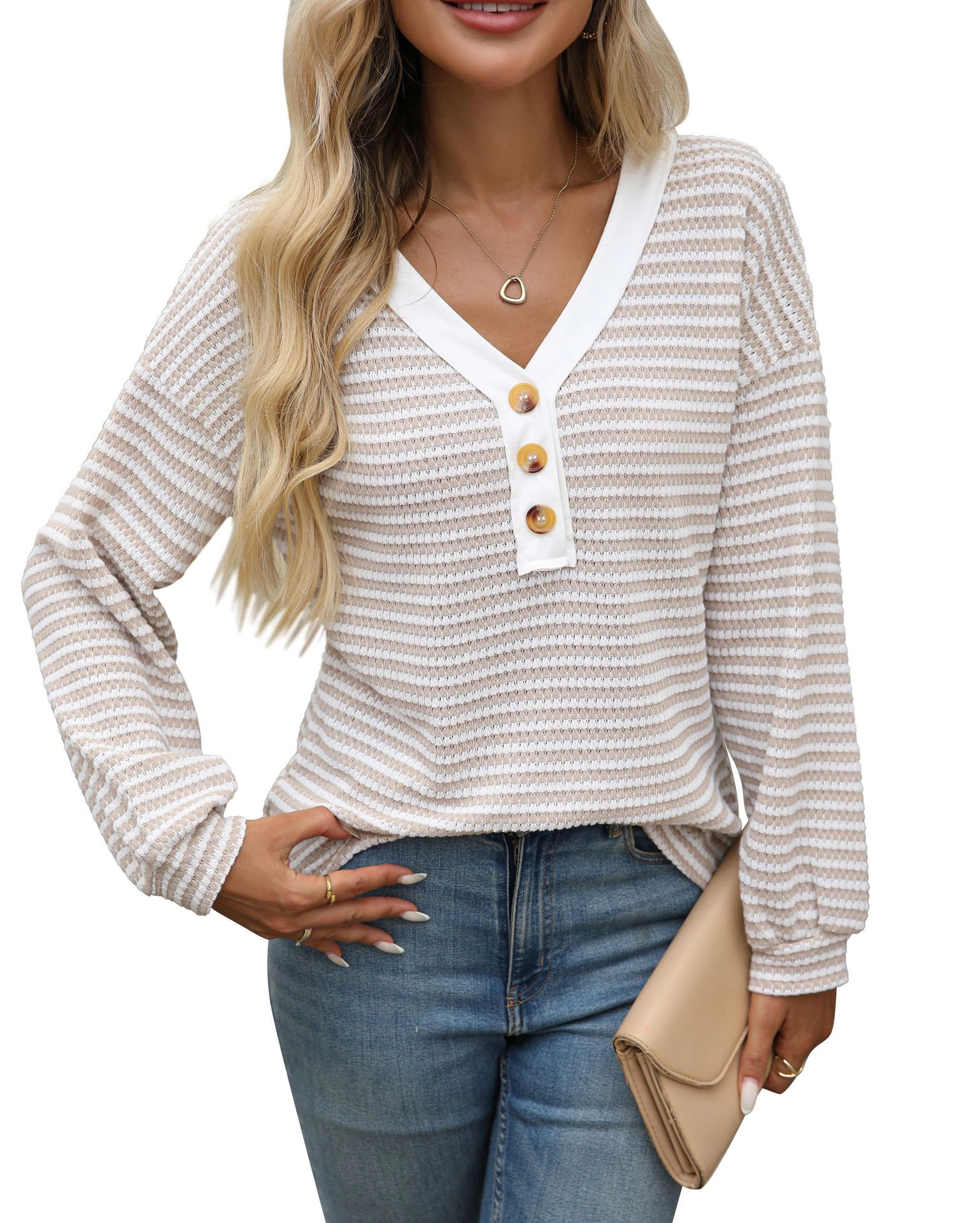 Enchanted Funland Womens Striped V Neck Henley Button Long Sleeve Knit Tops