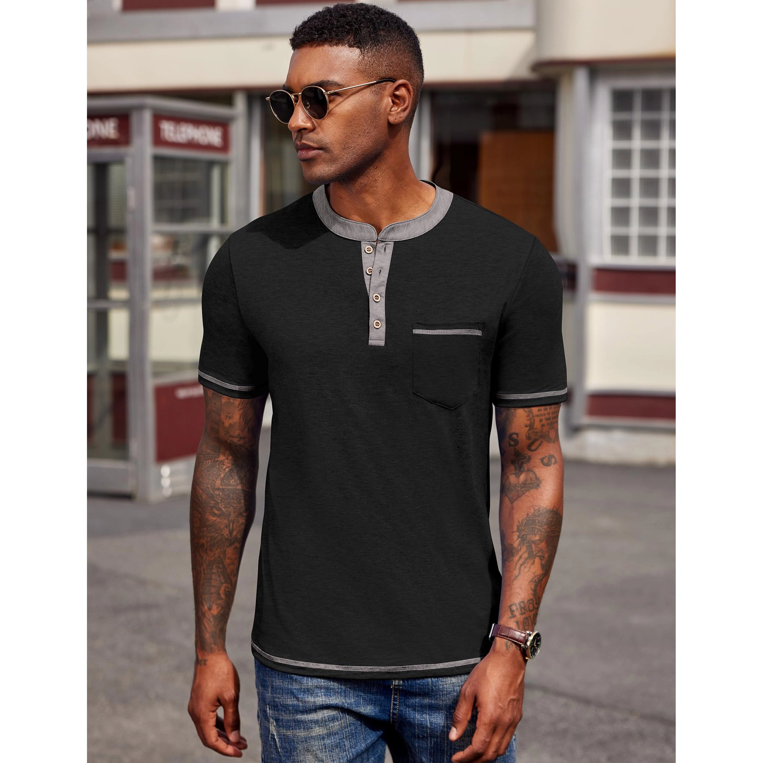 COOFANDY Mens Short Sleeve Henley Shirt Contrast Trim Button Pocket Casual Tee Tops