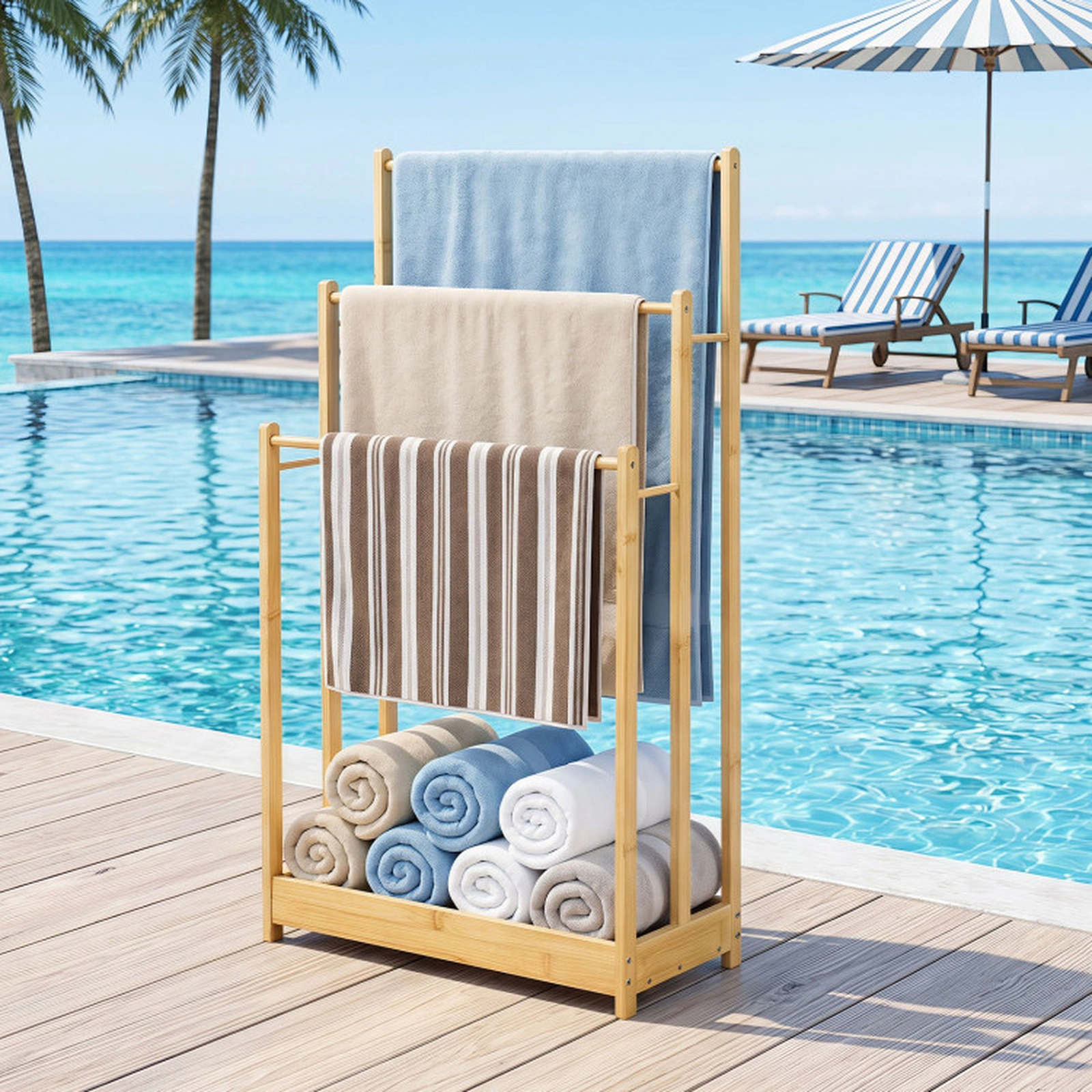 SUGIFT 3-Tier Freestanding Bamboo Side Bars Bathroom Towel Rack 18-in x 9-in x 34-in 5.5-lb per Bar 4-lb Natural