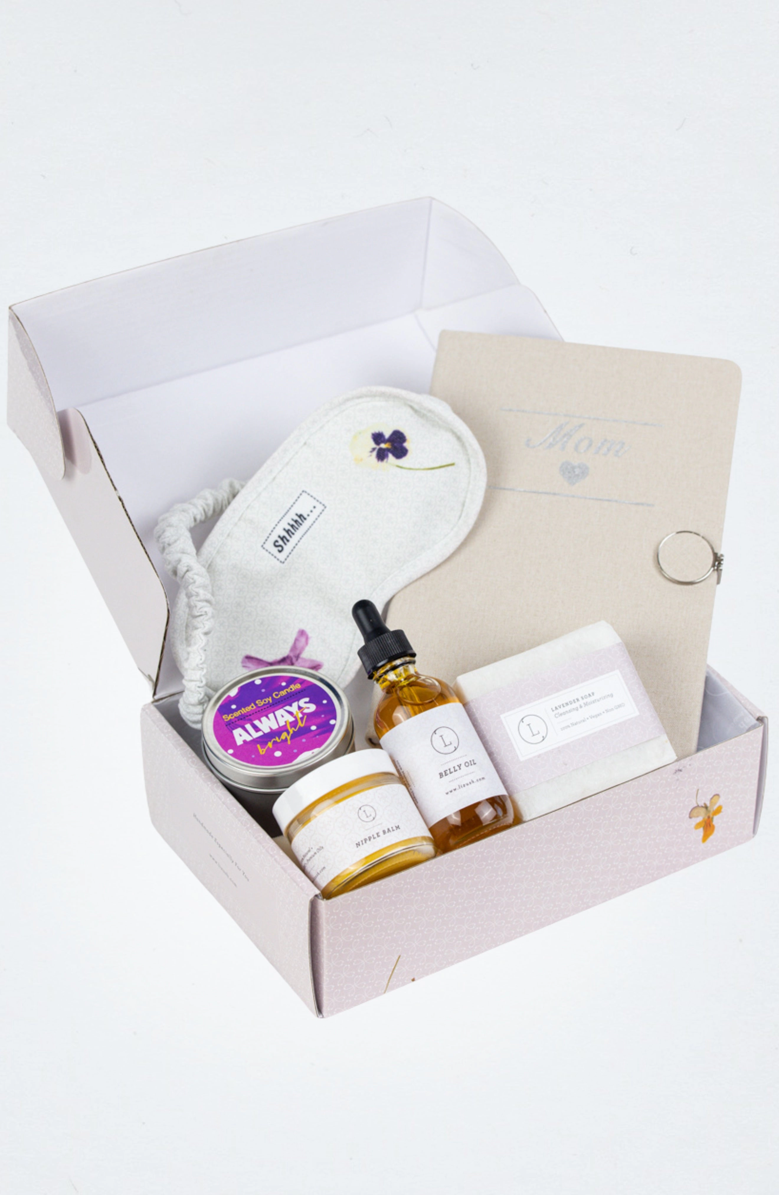 Lizush  Pregnancy Gift Box - New Mom Gift Set with Nipple Balm, Belly Oil, Lavender Soap, Soy Candle, Eye Mask, Gift Box