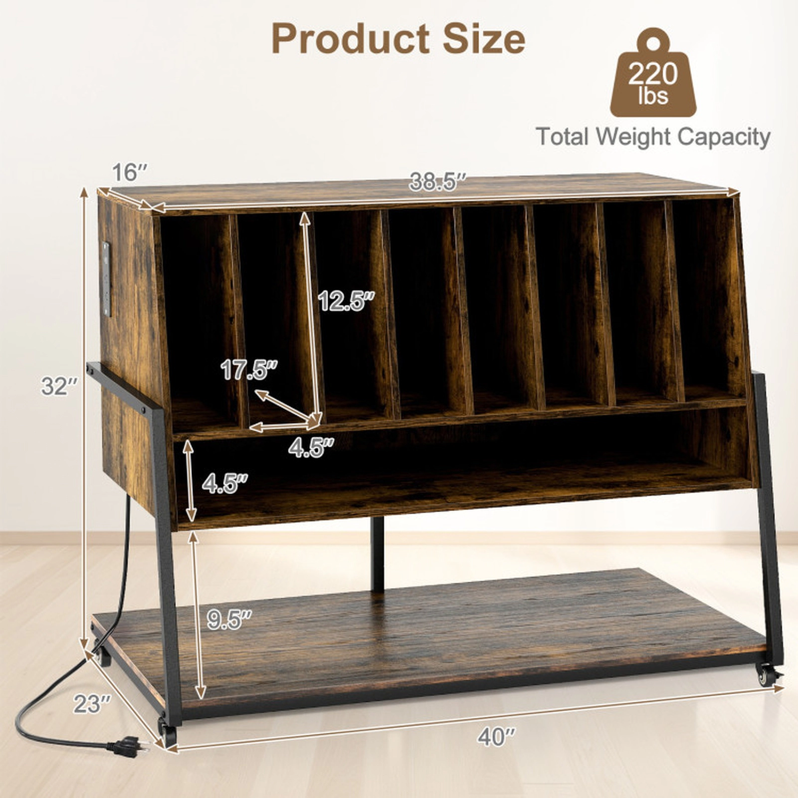 SUGIFT Turntable Stand with Charging Station and Vinyl Storage Shelves Accent Table 44-lb Top 88-lb Compartments Rustic