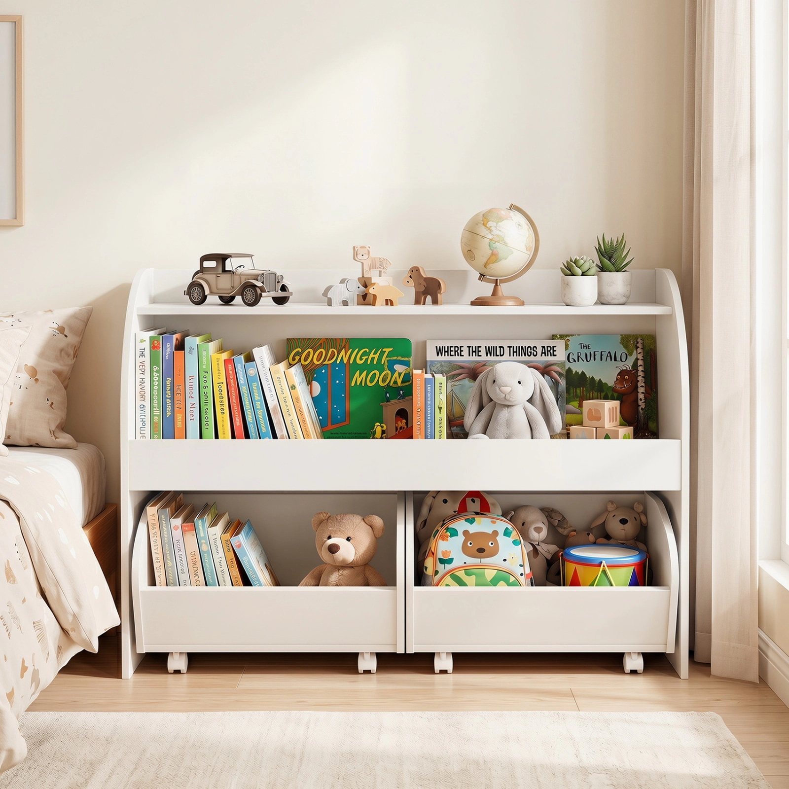 SUGIFT Kids Toy Storage Organizer with 2 Drawers and 3-Tier Bookshelf 22-lb Shelves 33-lb Drawers 38-in Frame White