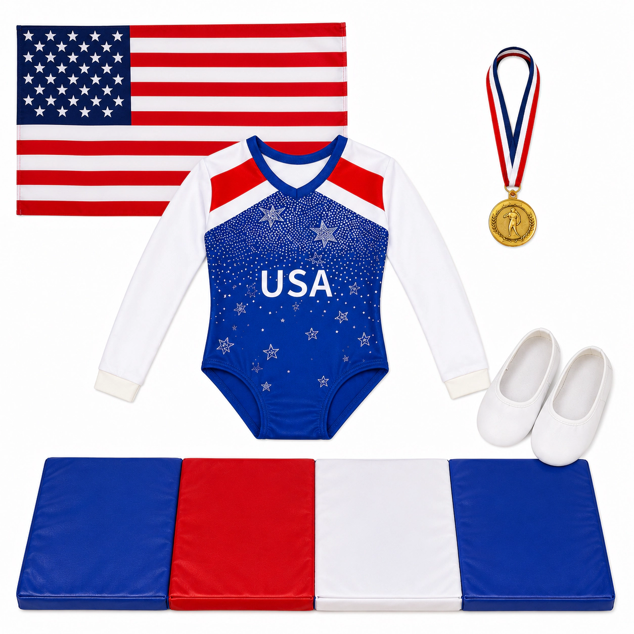 MBD® USA Gymnastics Doll Outfit Set with Mat, American Flag, Medal & Slippers – Fits 18 Inch Dolls
