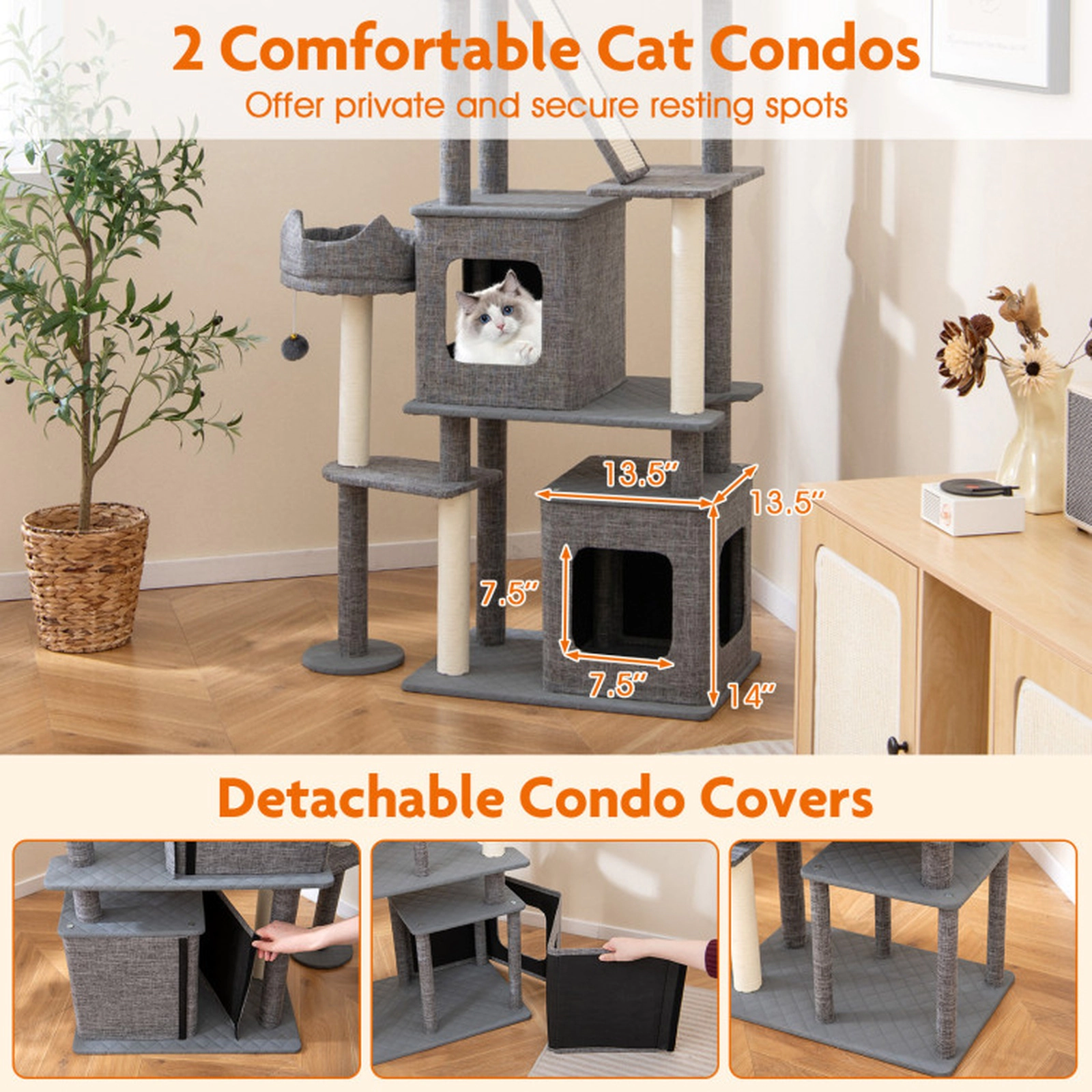 SUGIFT Gray 71 in Tall Multi-Level Cat Tower with 2 Condos and Side Cat Bed