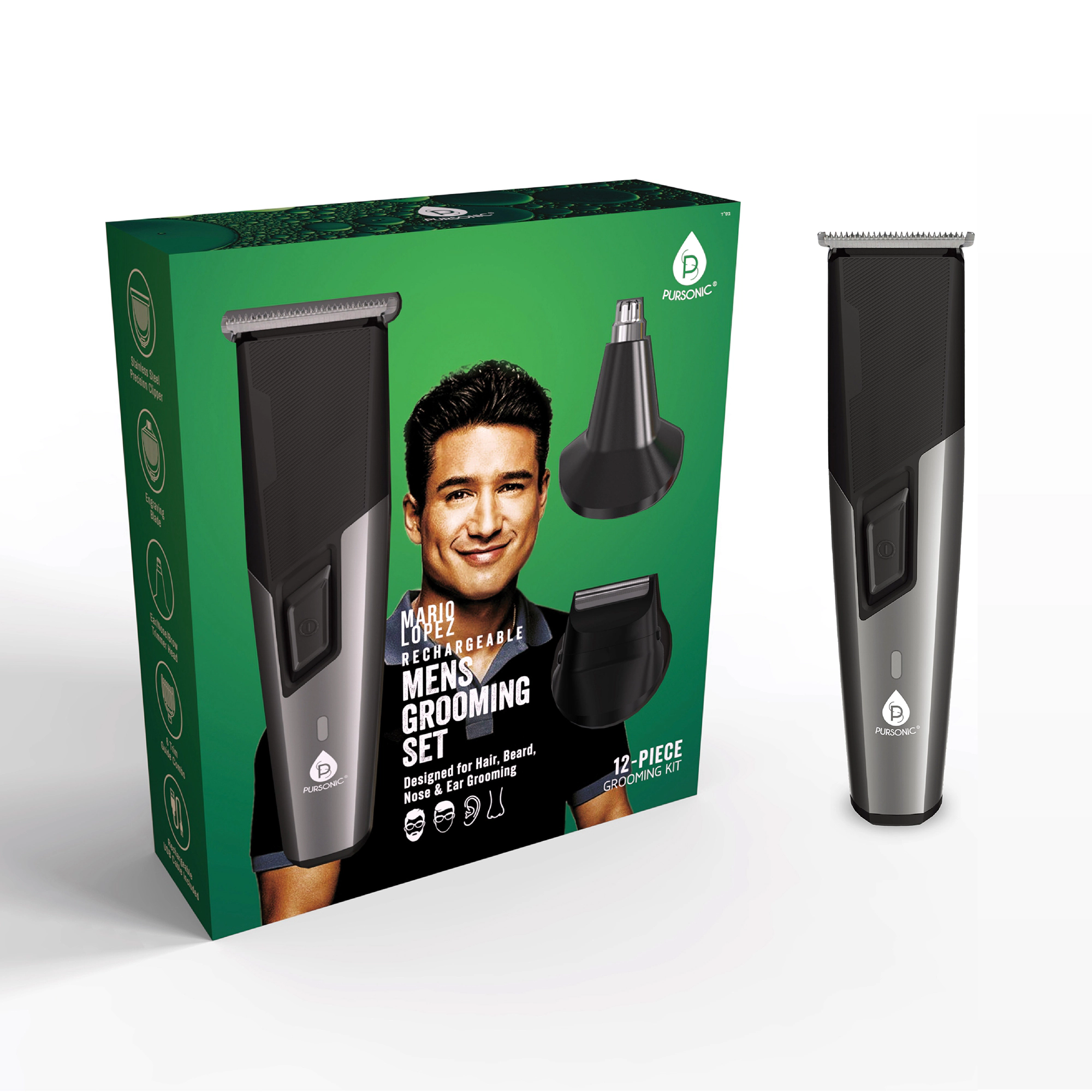 Pursonic Men's Rechargeable Multi-Grooming Kit Mario Lopez Hair, Beard, Nose & Ear Trimmer Set