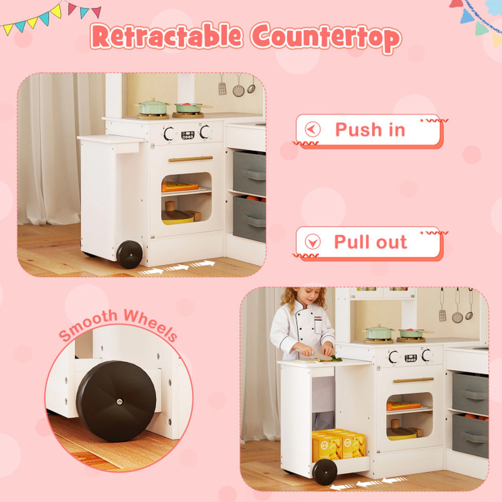 SUGIFT White Pull-Out Countertop Lights and Sounds Corner Kids Wooden Play Kitchen