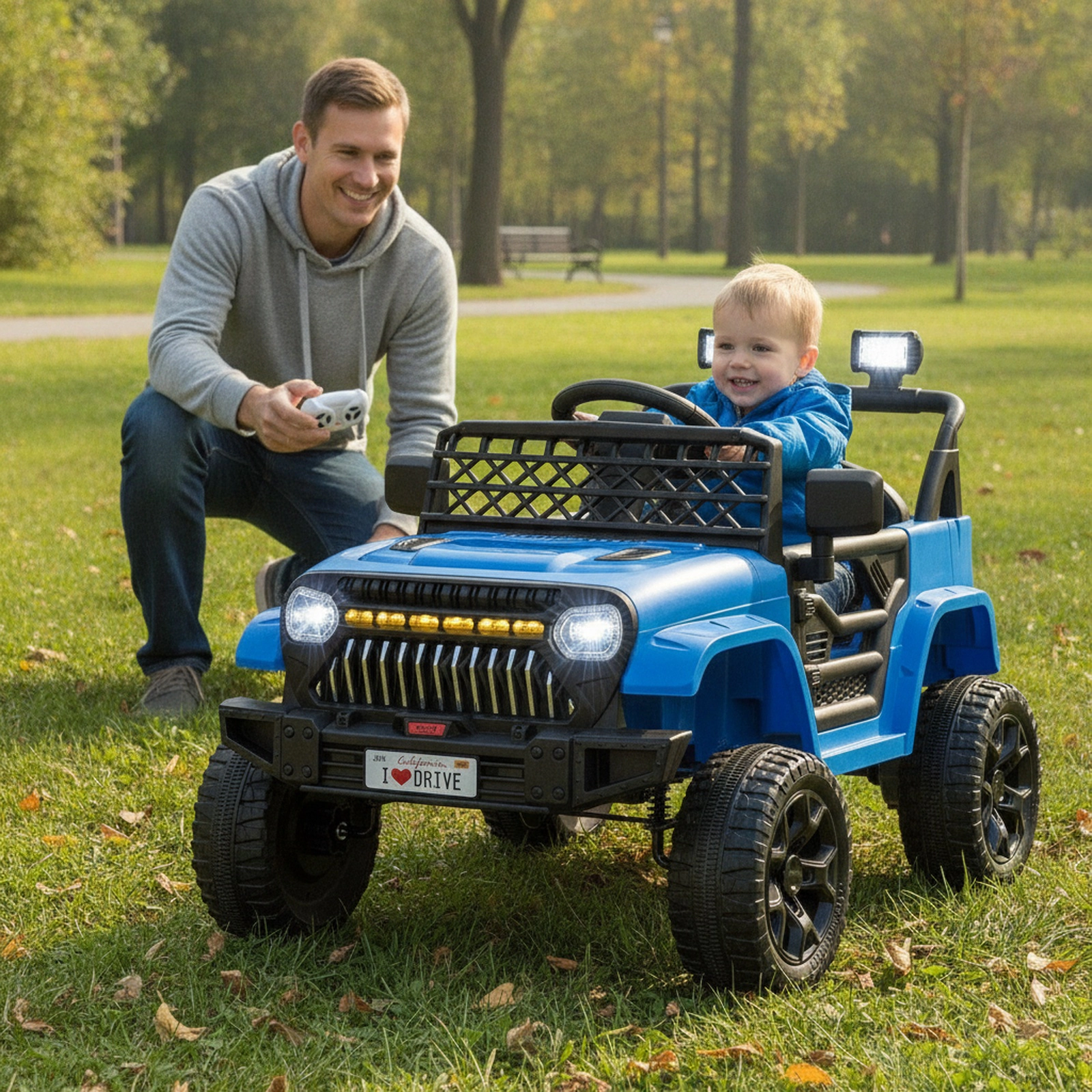 12V Kids Ride On Truck Parent Remote Dual Motors Wireless Music Player Electric Car LED Lights Door Locks Ages 3+ Navy