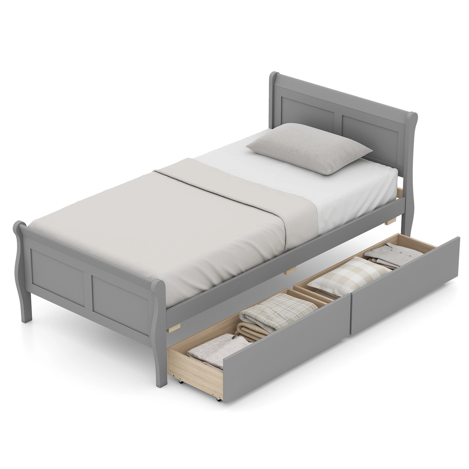 LJG Twin Size Sleigh Bed with 2 Storage Drawers Wood Platform Bed Frame