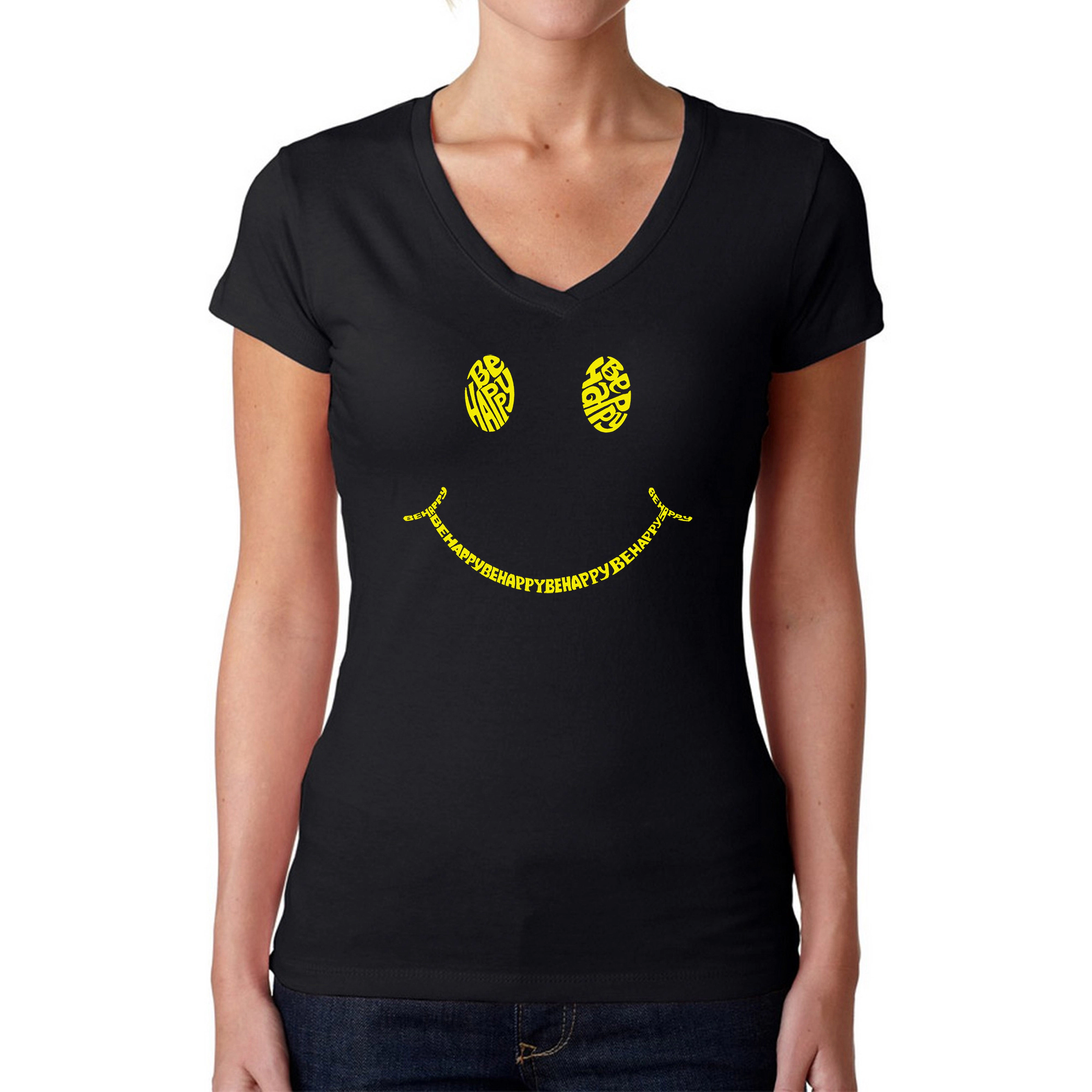LA Pop Art Womens Word V-Neck T-Shirt - Be Happy Smiley Face