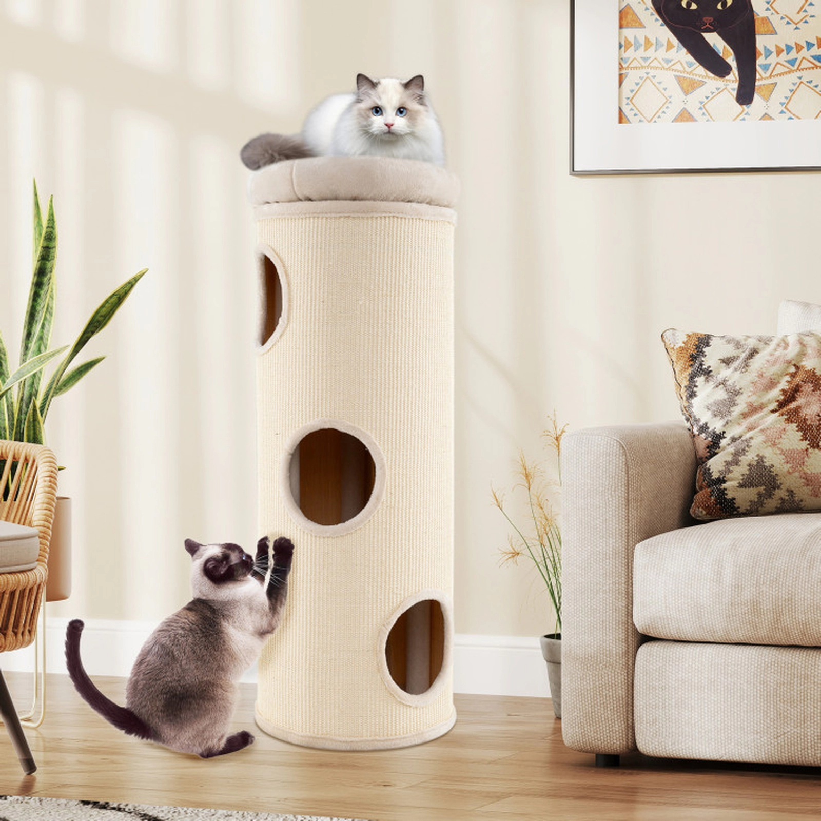 SUGIFT 49-in 4-Story Elevated Cat House Cave Tower with Bamboo Mats Sisal Board and Washable Top Perch