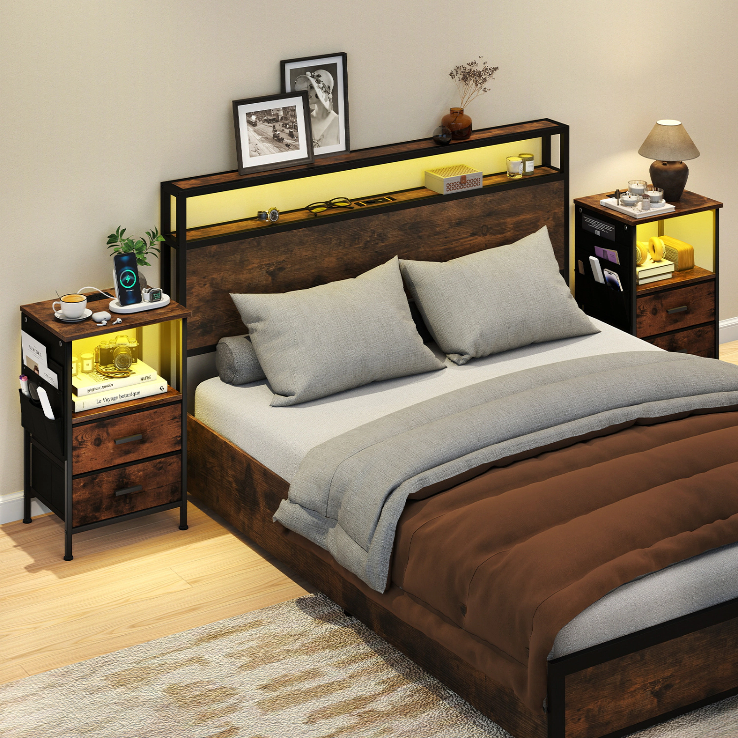 Glintex 2-Piece LED End Table Set with Charging Stations and Fabric Drawers, Rustic Brown