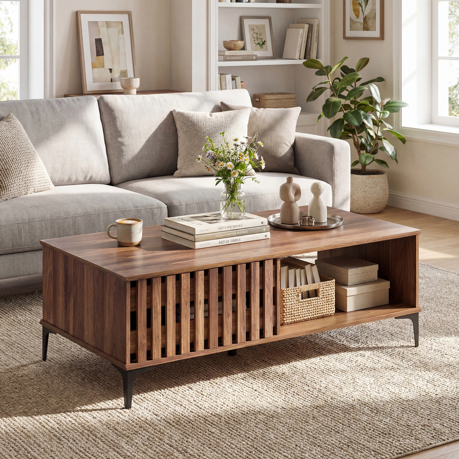 LJG 47 Inches Mid Century Coffee Table Farmhouse Wooden Center Table