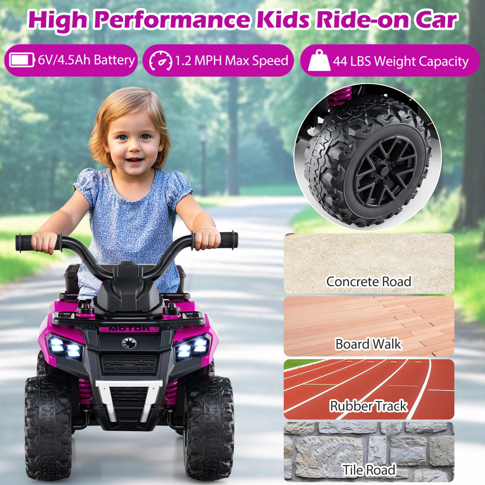 SUGIFT 6V Kids Ride On ATV with Spray Function and Storage Box 44-lb Capacity Ages 18 Months and Up 27-in Long Pink