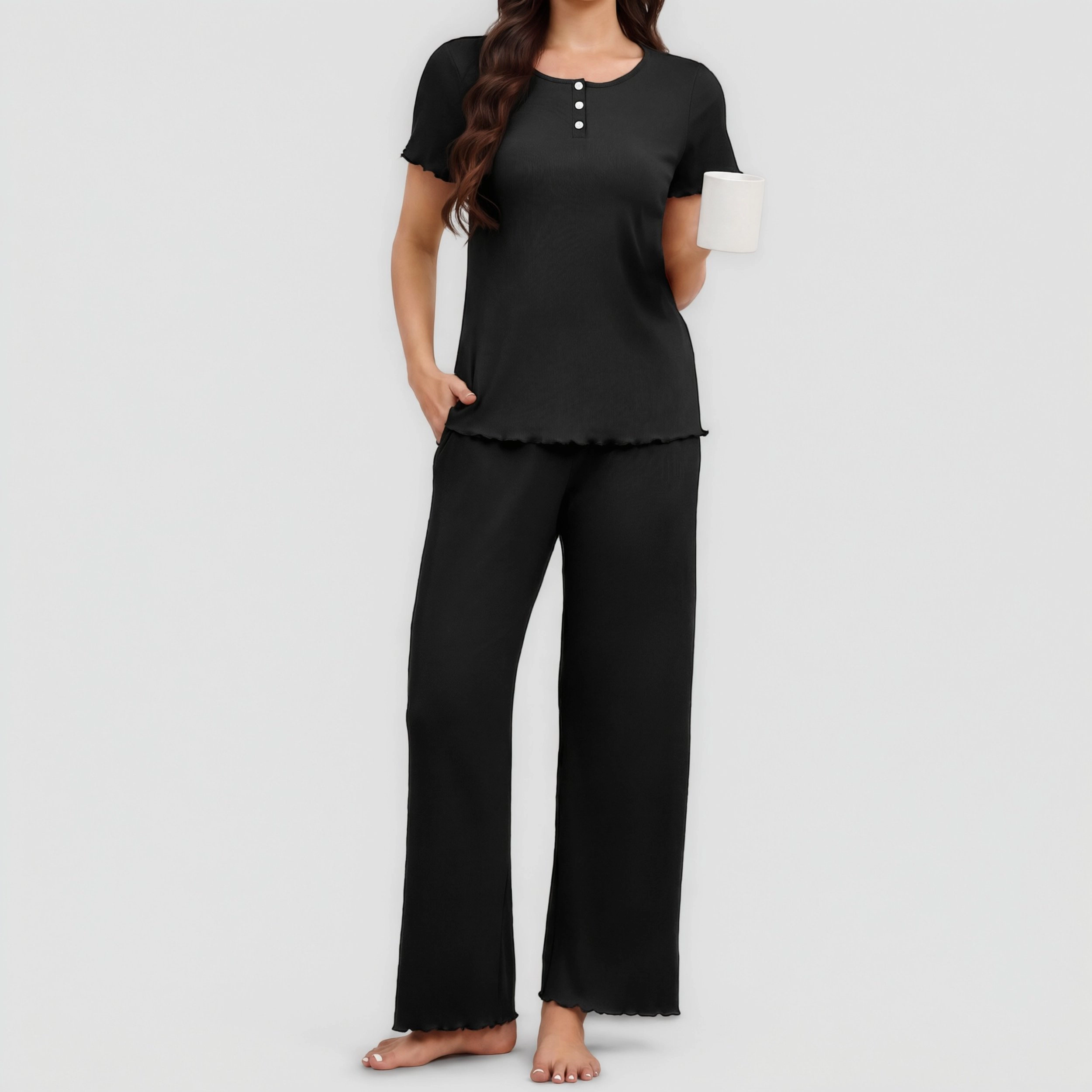 Ekouaer Women's Two Piece Ribbed Henley Pajama Set with Ruffle Trim Long Pants