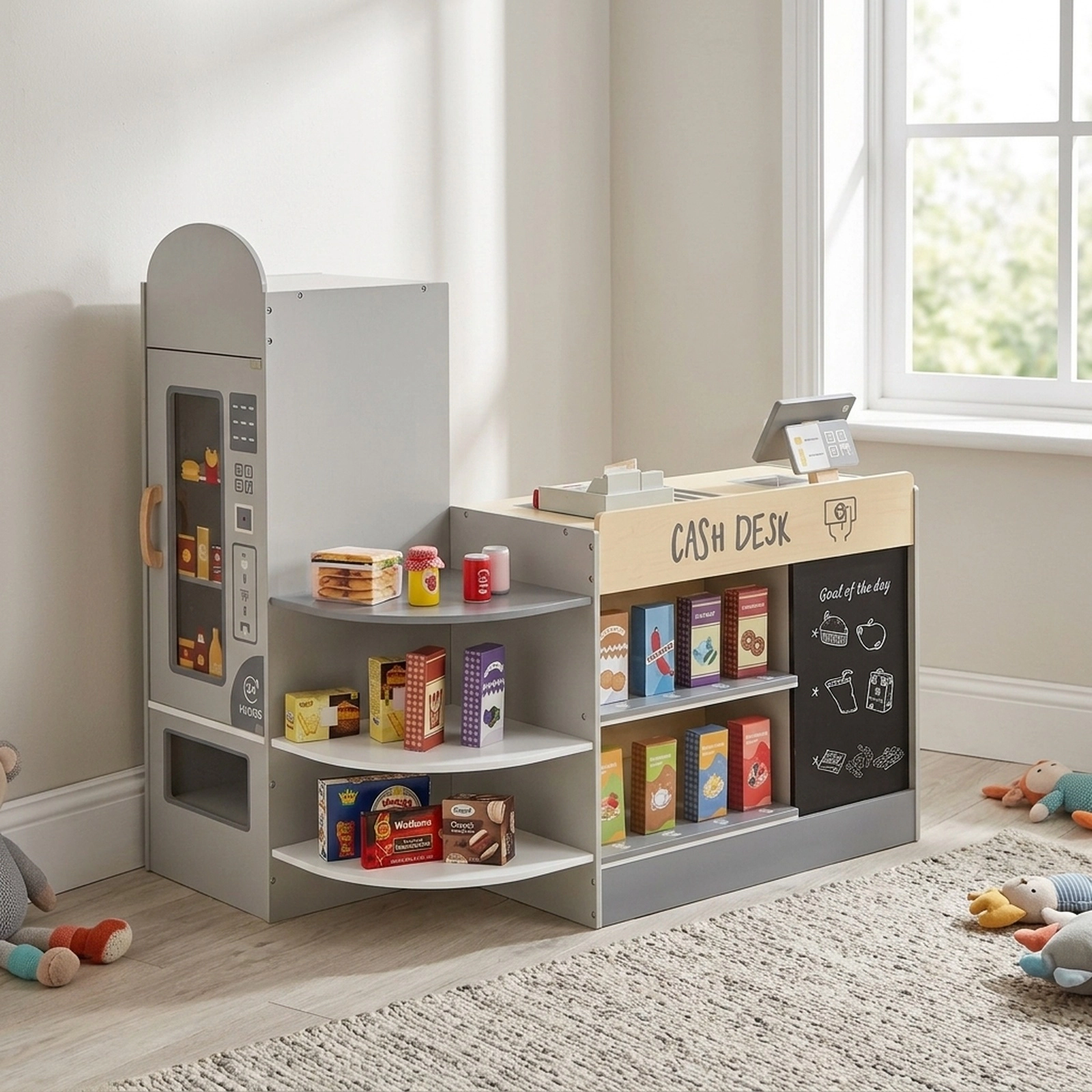 Kids Grocery Store Playset with Toy Cash Register Scanner Card Reader and 13-pc Toy Food 35-in x 22.5-in x 34.5-in Gray