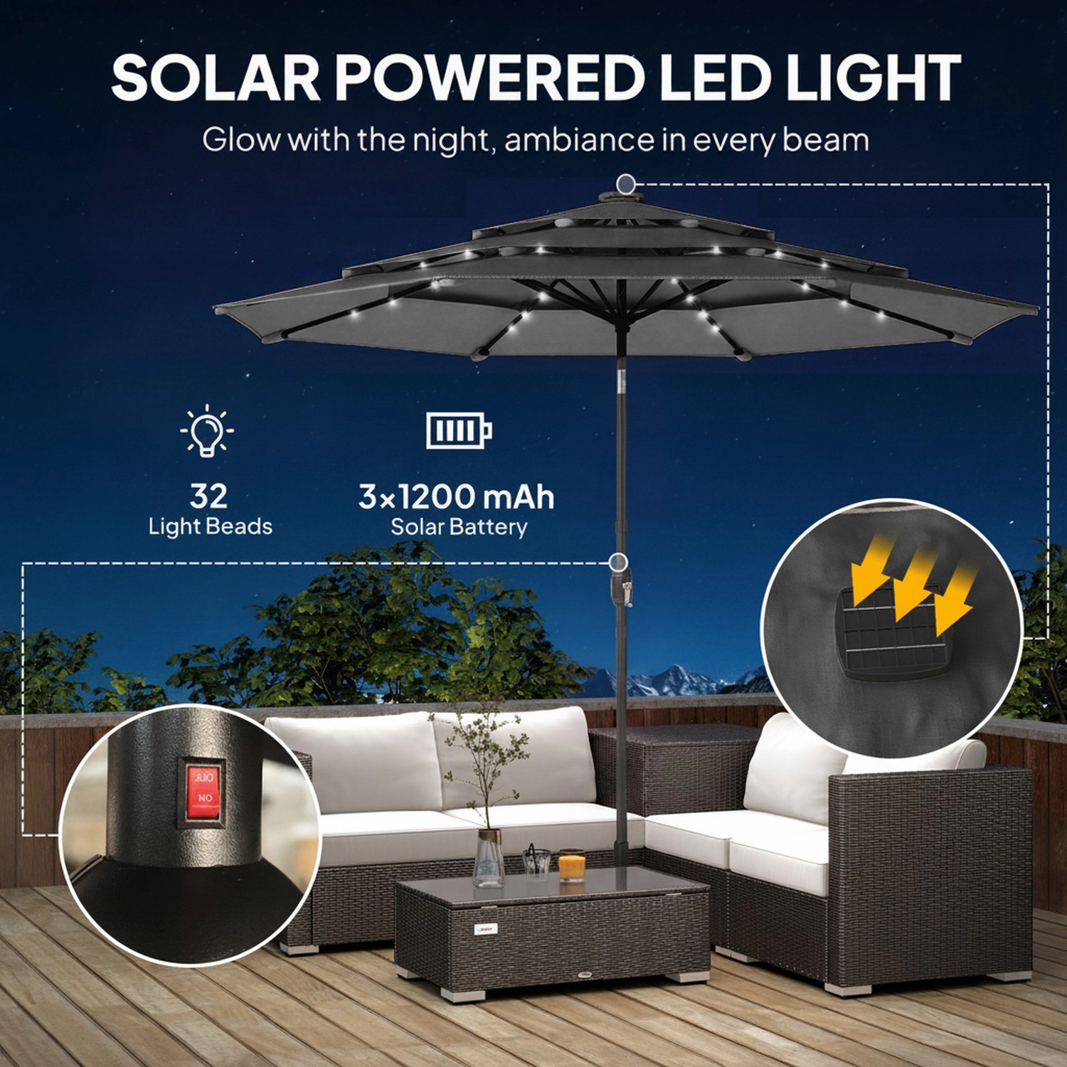 HONGGE 9.7 ft Outdoor Patio Umbrella with Solar LED Lights, 3 Tier Table Tilt, Crank