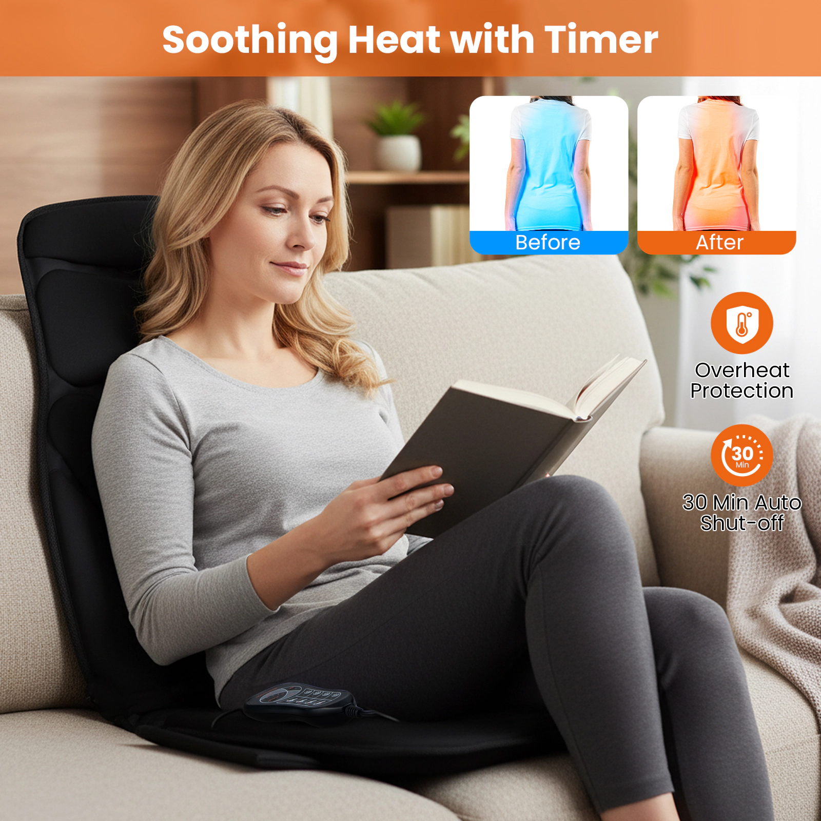 SUGIFT Black Back Massager Seat Cushion with Heat and 10 Vibration Motors 41.34-in W 19.69-in D 3 Speed Settings