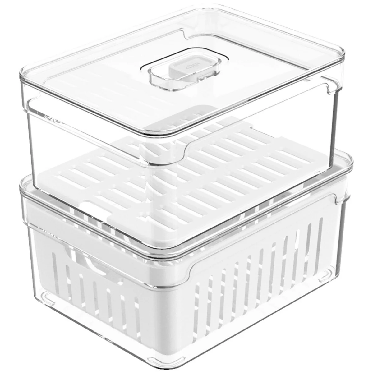OU Fridge Organizer Bins w/ Drain Basket & Vented Lid, Clear Stackable Storage Container, BPA Free, 2 Pack (2.3qt Each)