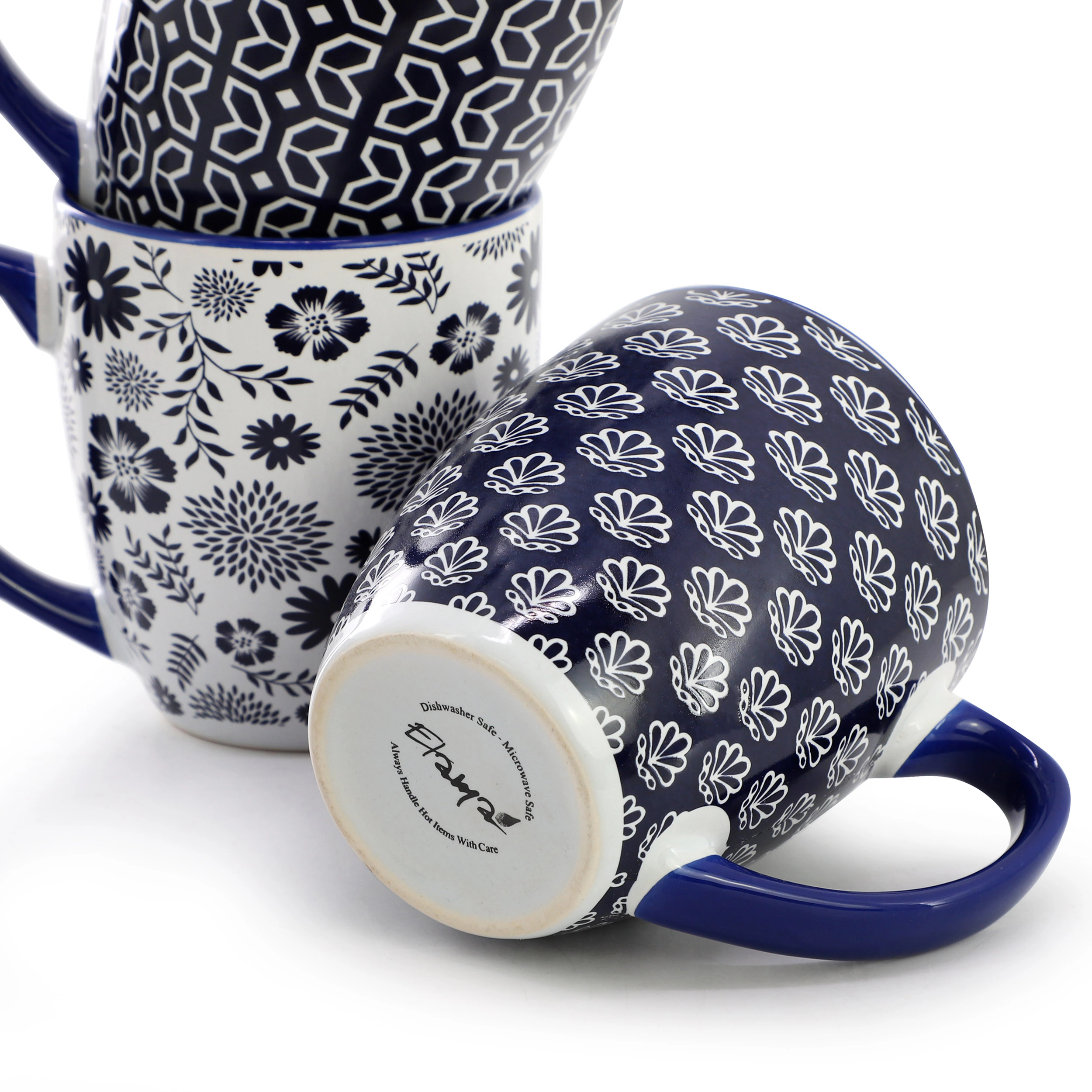 Elama Flyn 6 Piece 16 Ounce Assorted Design Stoneware Mug Set in Navy Blue and White