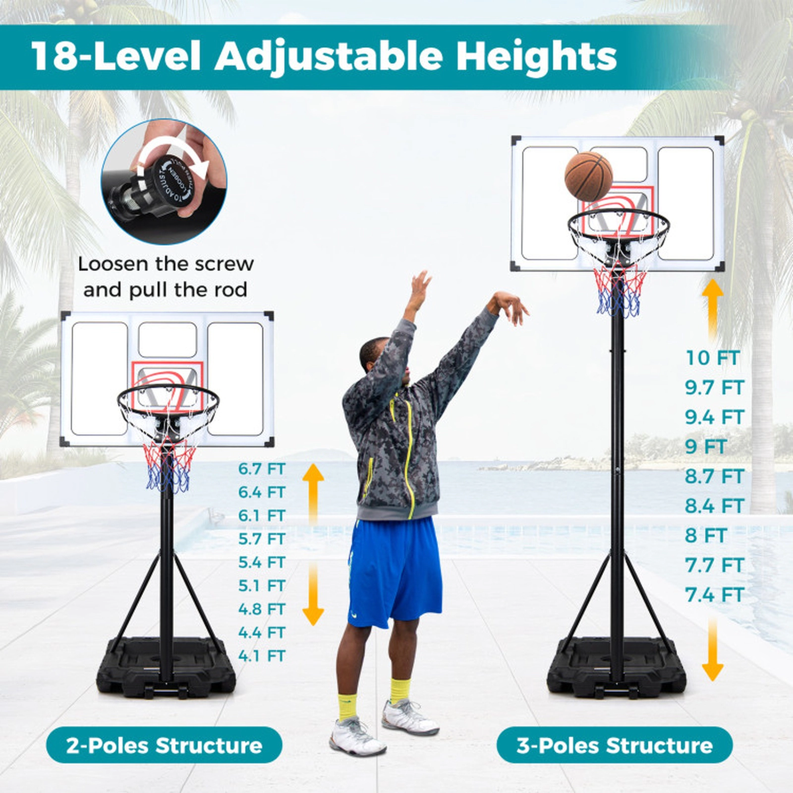 SUGIFT 4.1-ft to 10-ft 18-Level Adjustable Portable Basketball Hoop with 43-in Shatterproof Backboard
