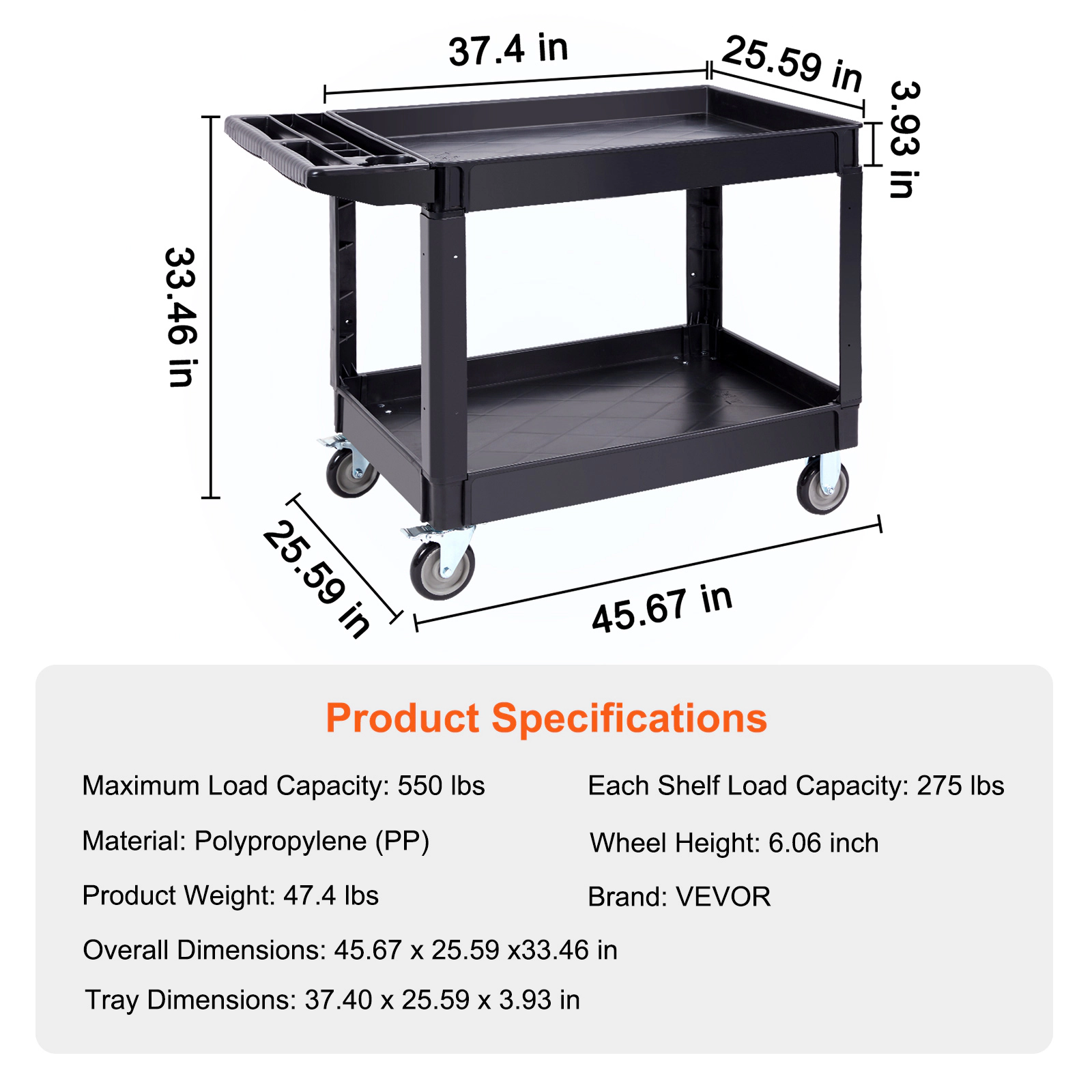 HONGGE Utility Cart Service Cart Heavy Duty Plastic Utility Cart with 360° Swivel Wheels with for