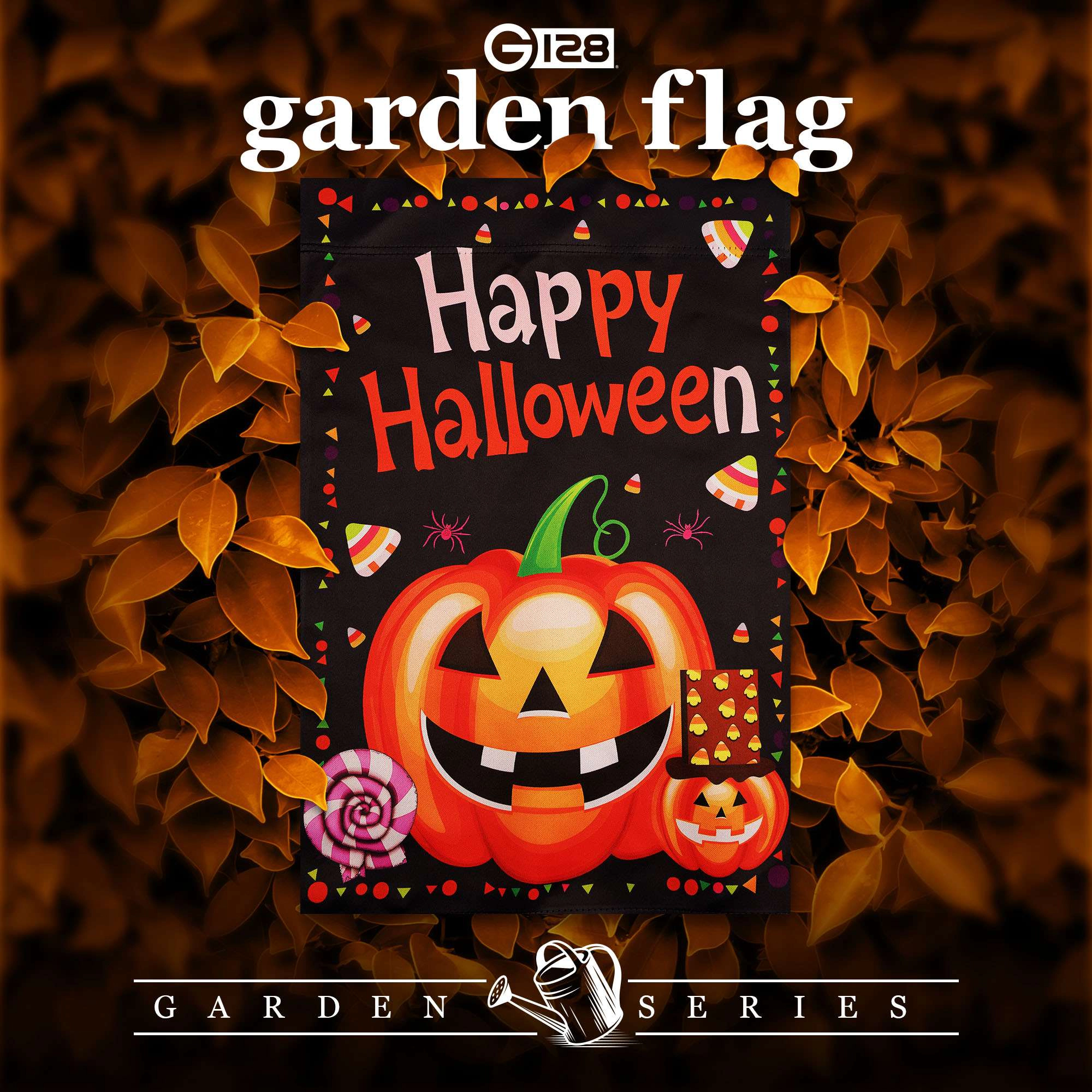 G128 Happy Halloween Pumpkin Candy 12x18 Double-Sided Garden Flag