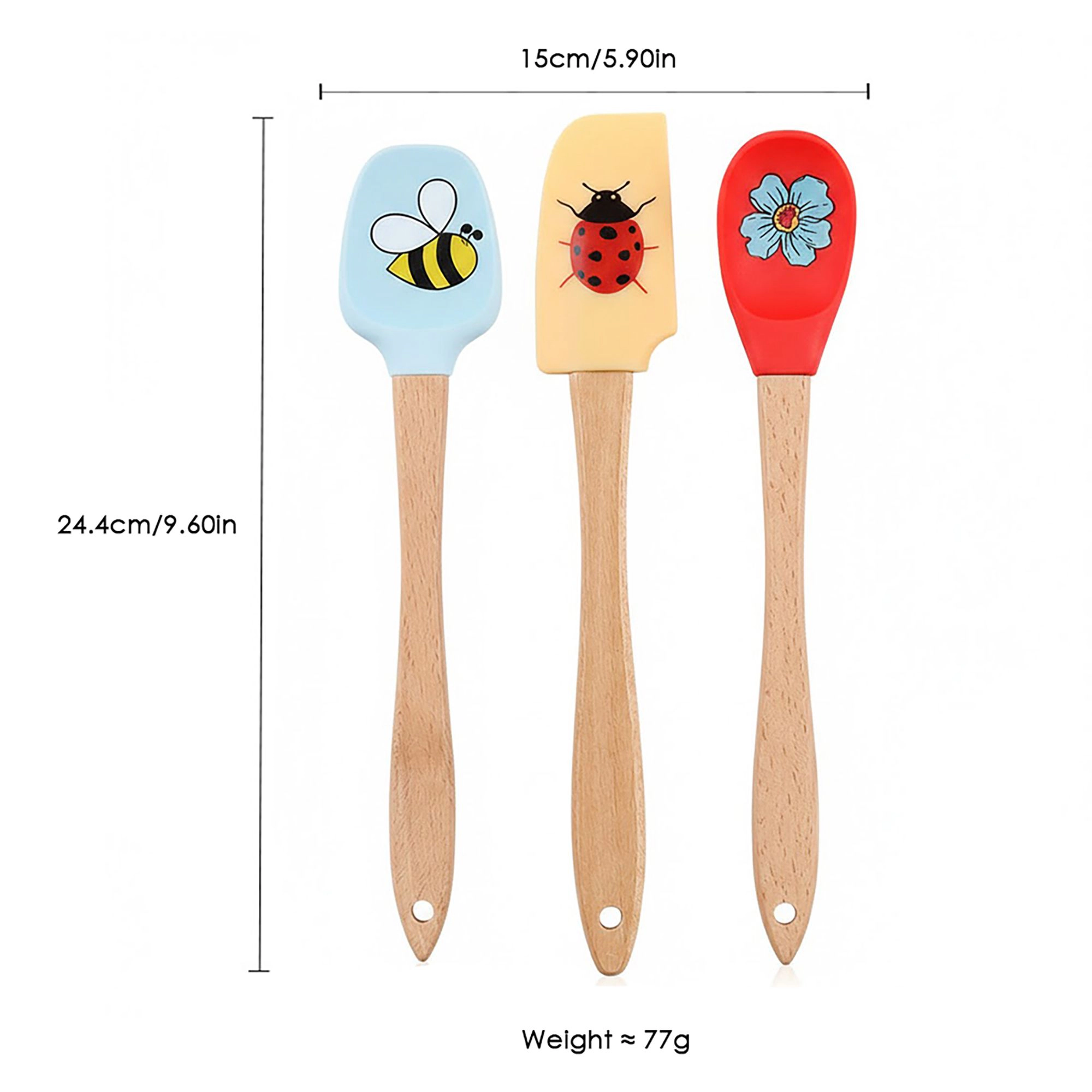 Alilang Women Silicone Spatula Set with Wooden Handles Bee Ladybug Flower Print Heat Resistant Kitchen Baking Tools 3 Pi