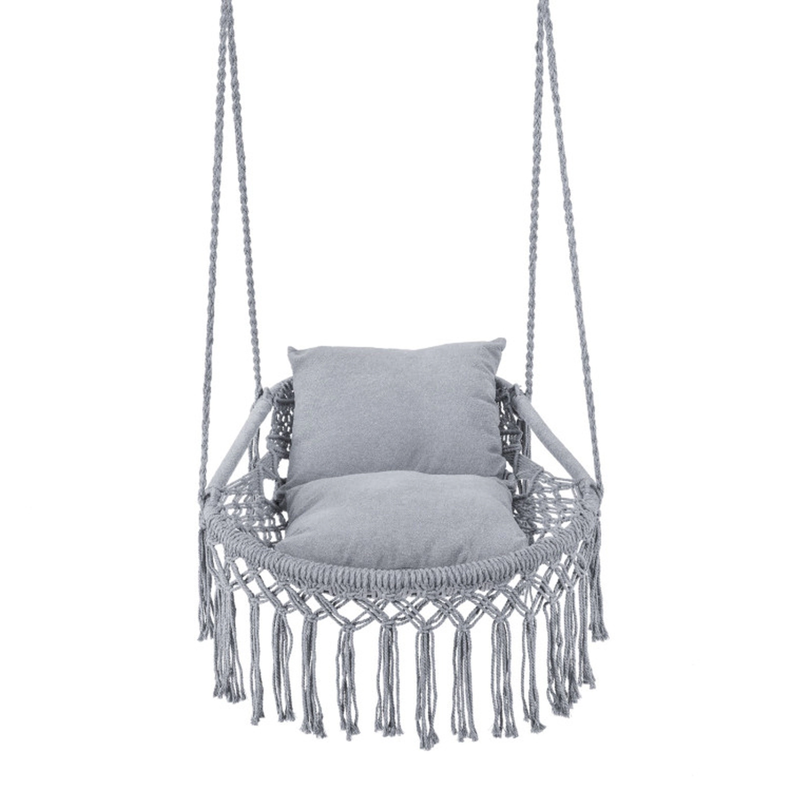 SUGIFT Gray Macrame Hanging Chair Swing with Removable Cushions and Boho Fringe