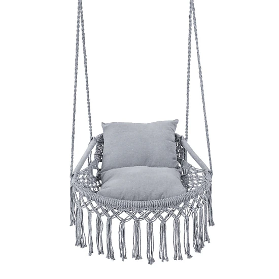 SUGIFT Gray Macrame Hanging Chair Swing with Removable Cushions and Boho Fringe