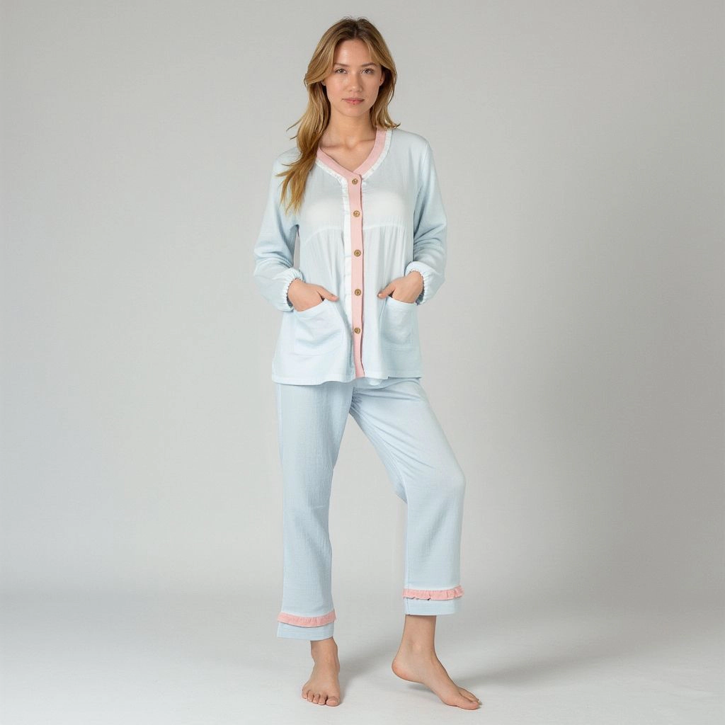 Anna-Kaci Women's Long Sleeve Button Up Pajama Set with Ruffle Trim and Front Patch Pockets
