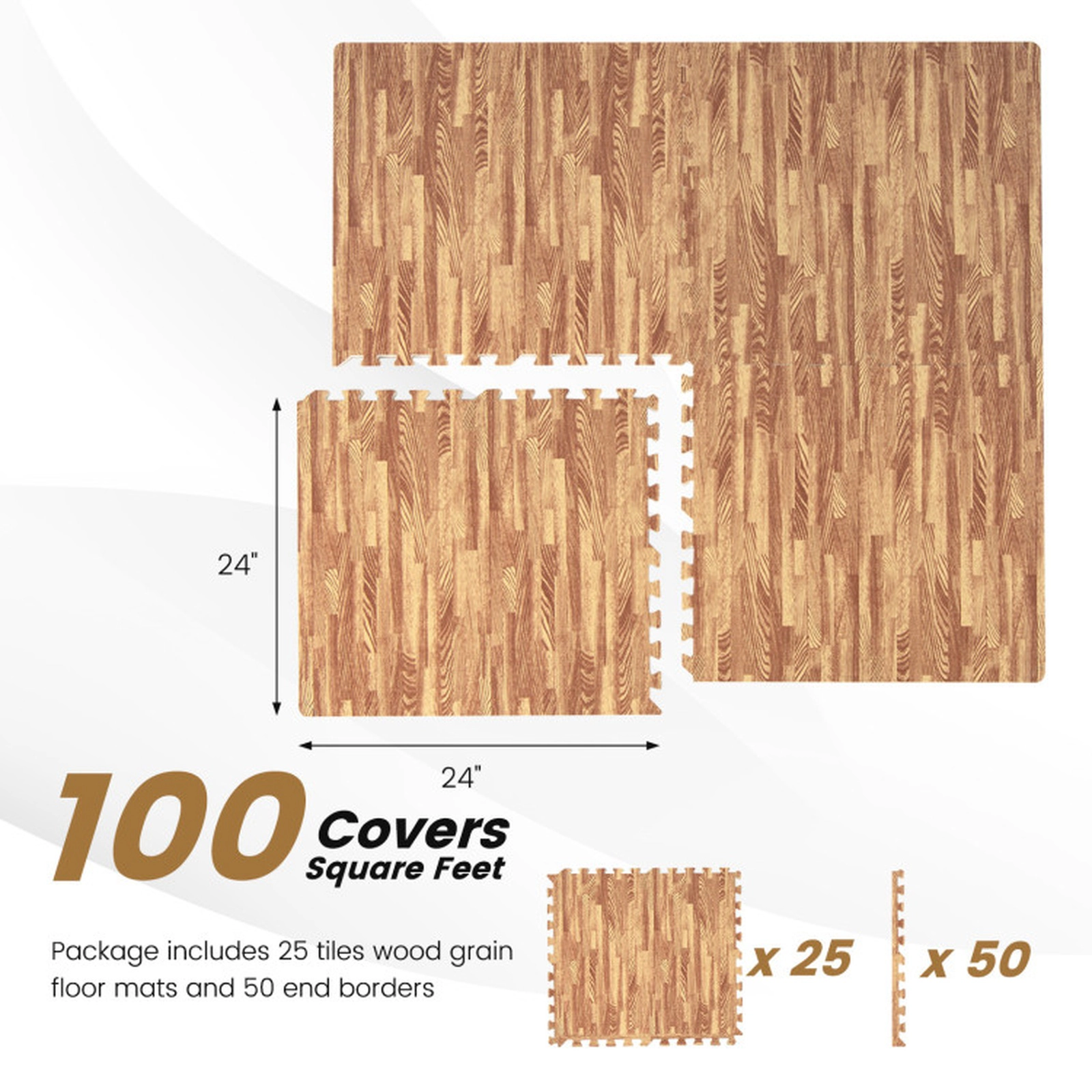 SUGIFT Natural 25 Tile Wood Grain Interlocking Foam Floor Mat Set with 50 Borders 24-in W 24-in D 0.4-in H