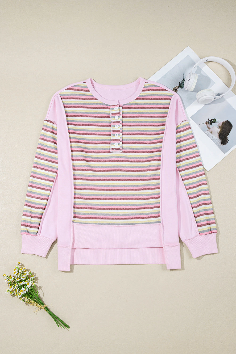 Threaded Pear Women's Khloe Patchwork Loose Henley Sweatshirt