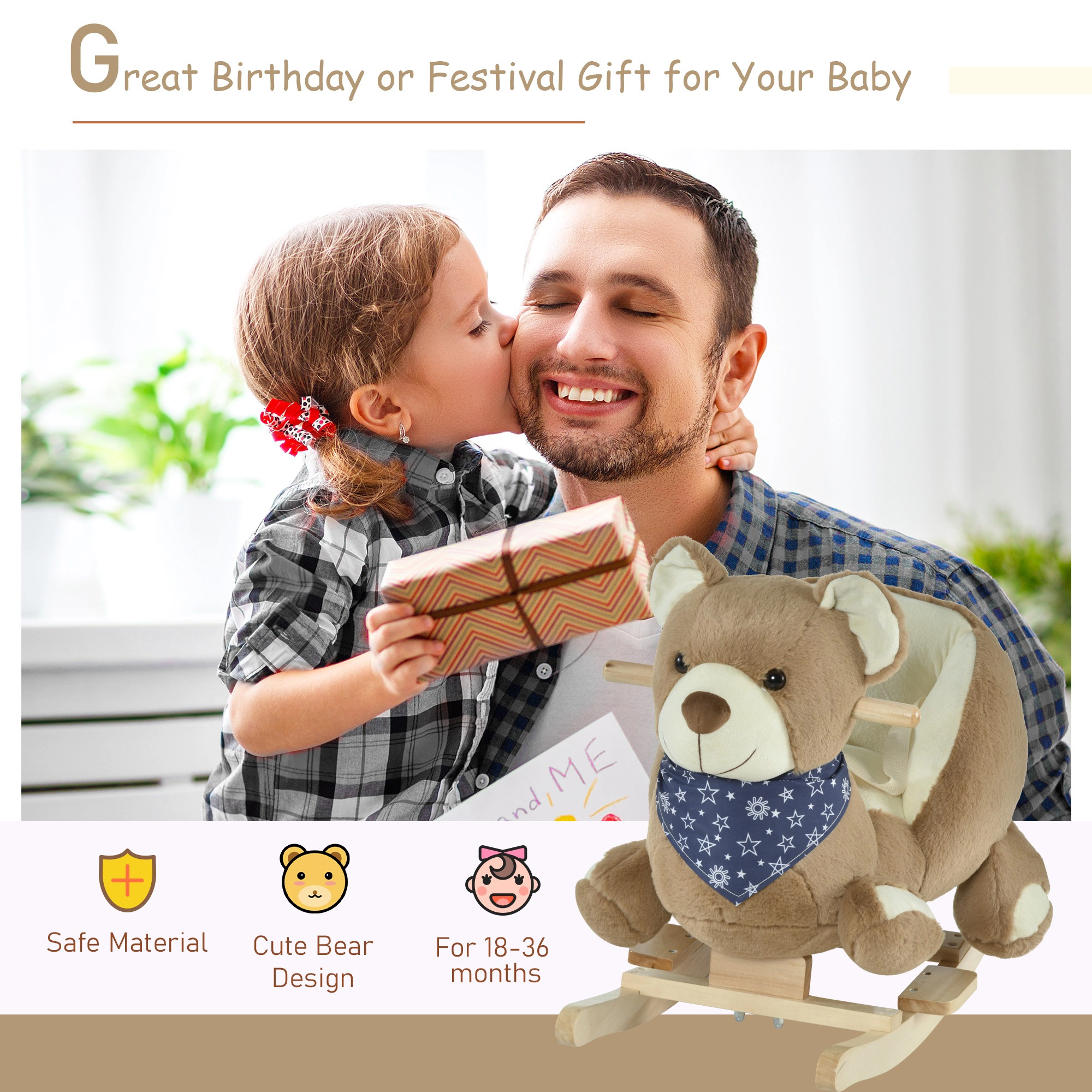 HONGGE Bear-Themed Baby Rocking Horse with Lullaby Sound, Poplar Wood Base and Safety Belt, 18-36 Months