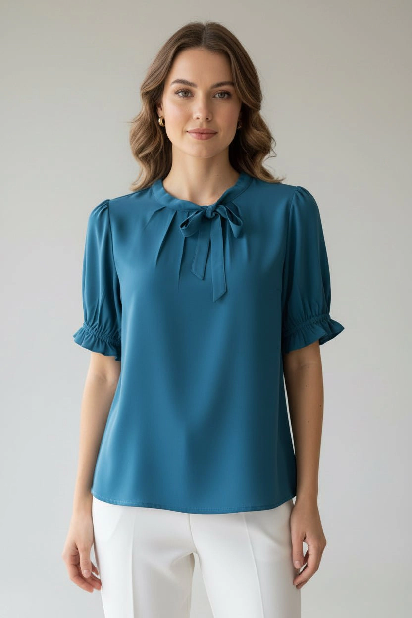 DressAtR Women's Cross Bow Tie Pleated Front Elbow Sleeve Blouse