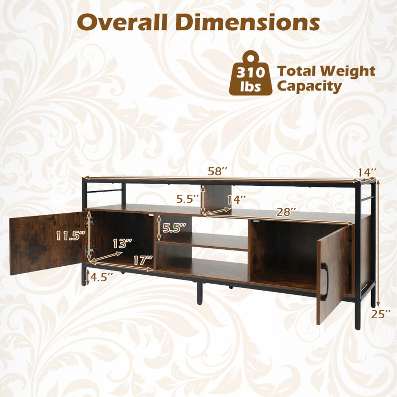 SUGIFT 58-Inch Industrial TV Stand for TVs Up to 65 Inches, 2 Cabinets, Adjustable Shelf, Rustic Brown and Black