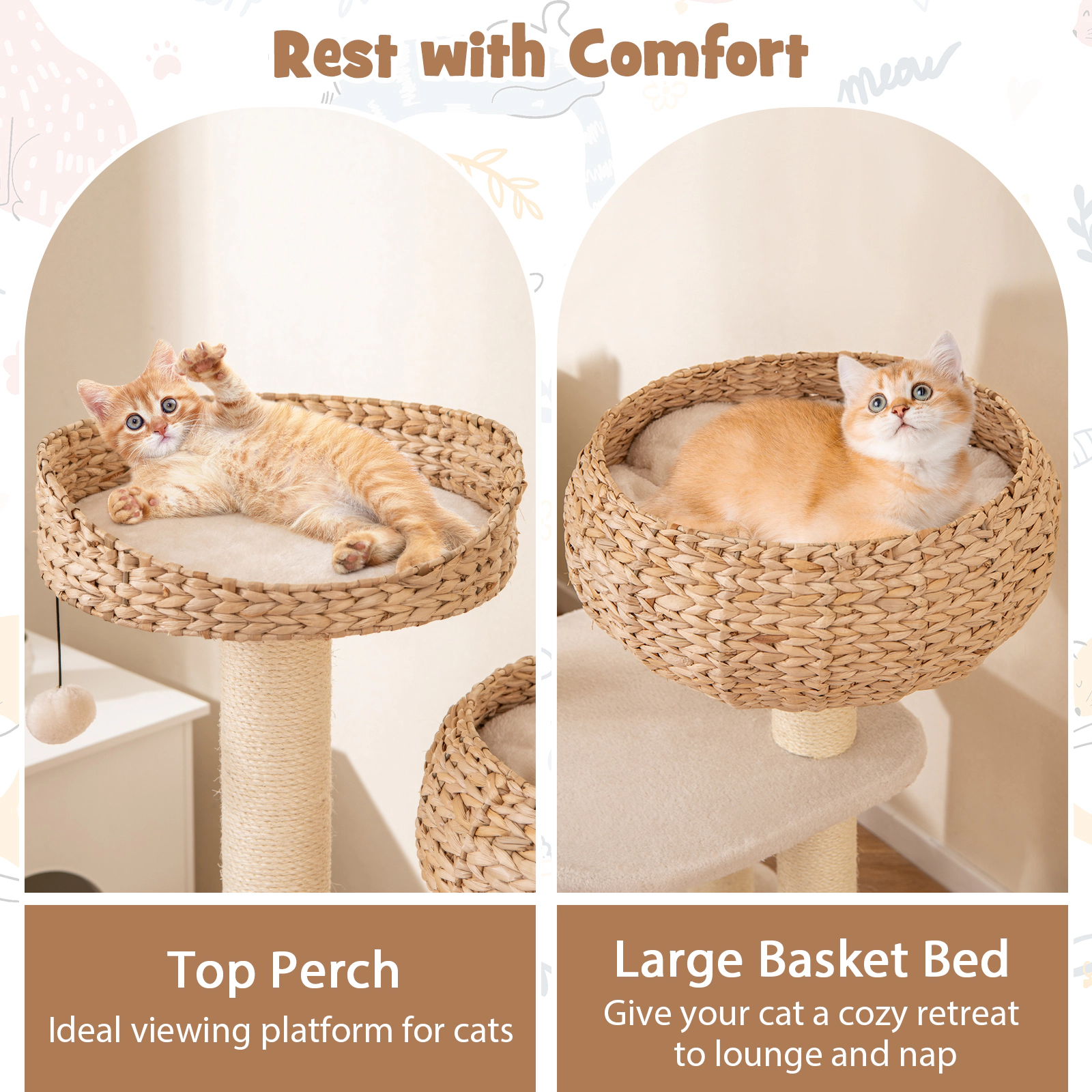SUGIFT 41-in Rattan Cat Tree Napping Perch 22-lb Capacity Frame with 2 High Rise Basket Beds & Scratching Posts White