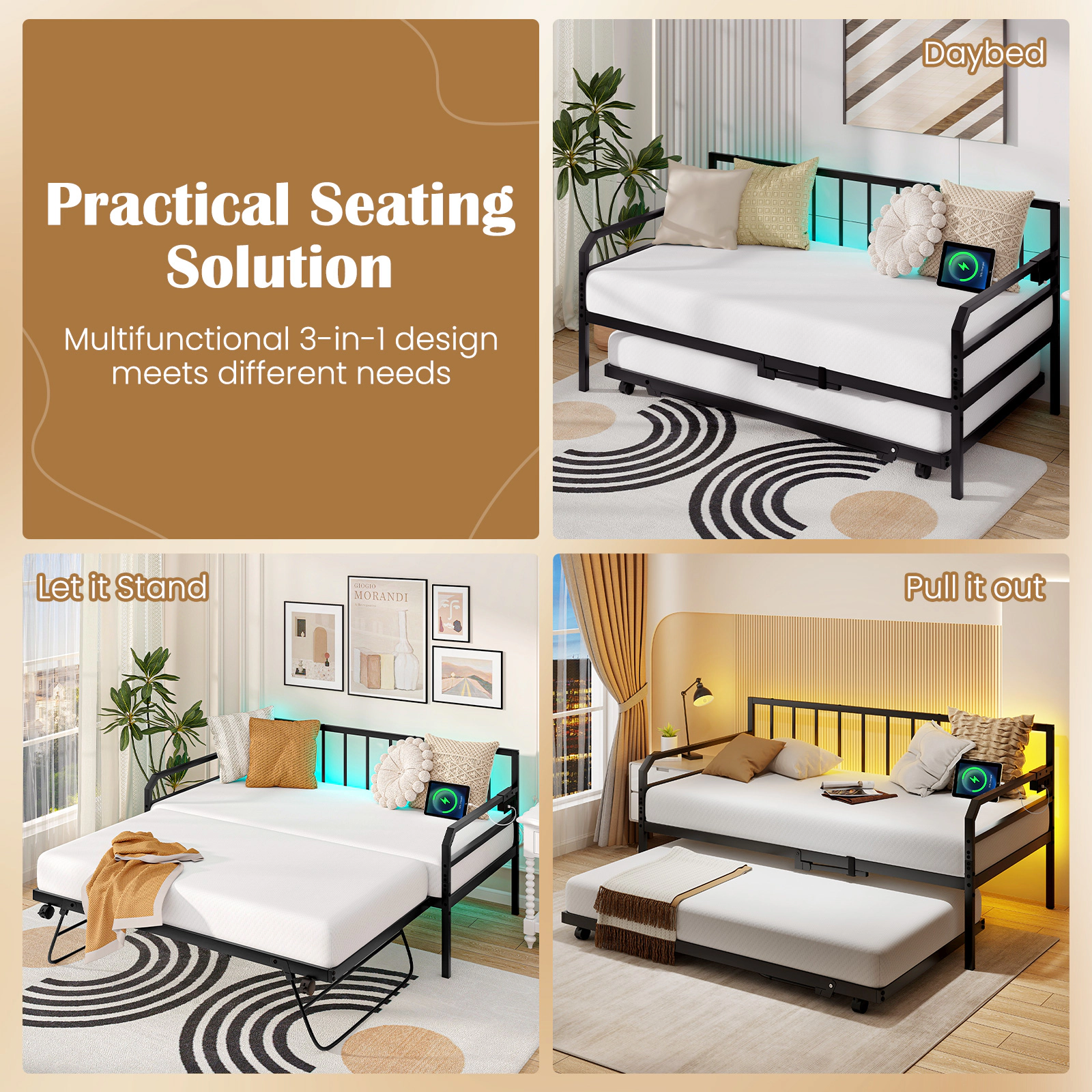 SUGIFT Adjustable Metal Twin Daybed Black with Pop Up Trundle Charging Station and LED