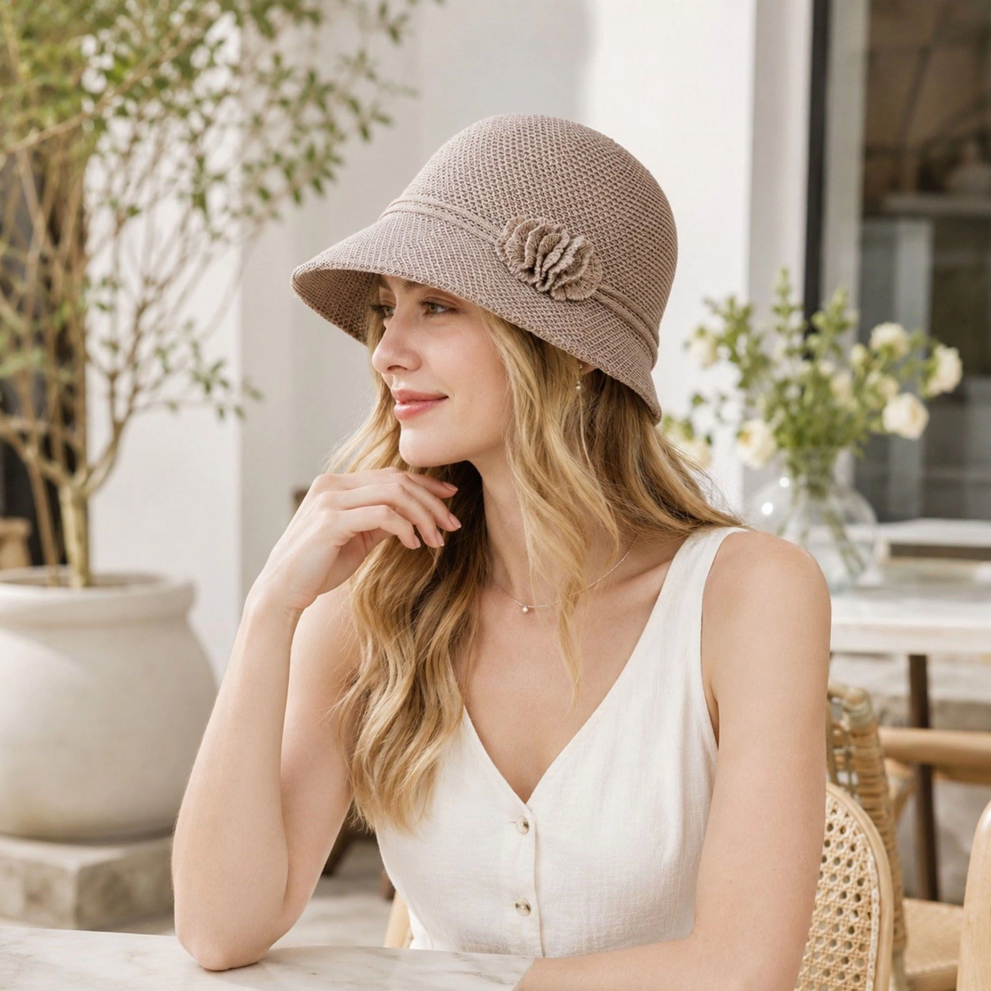 Anna-Kaci Women's Woven Cloche Sun Hat with Floral Accent and Short Brim