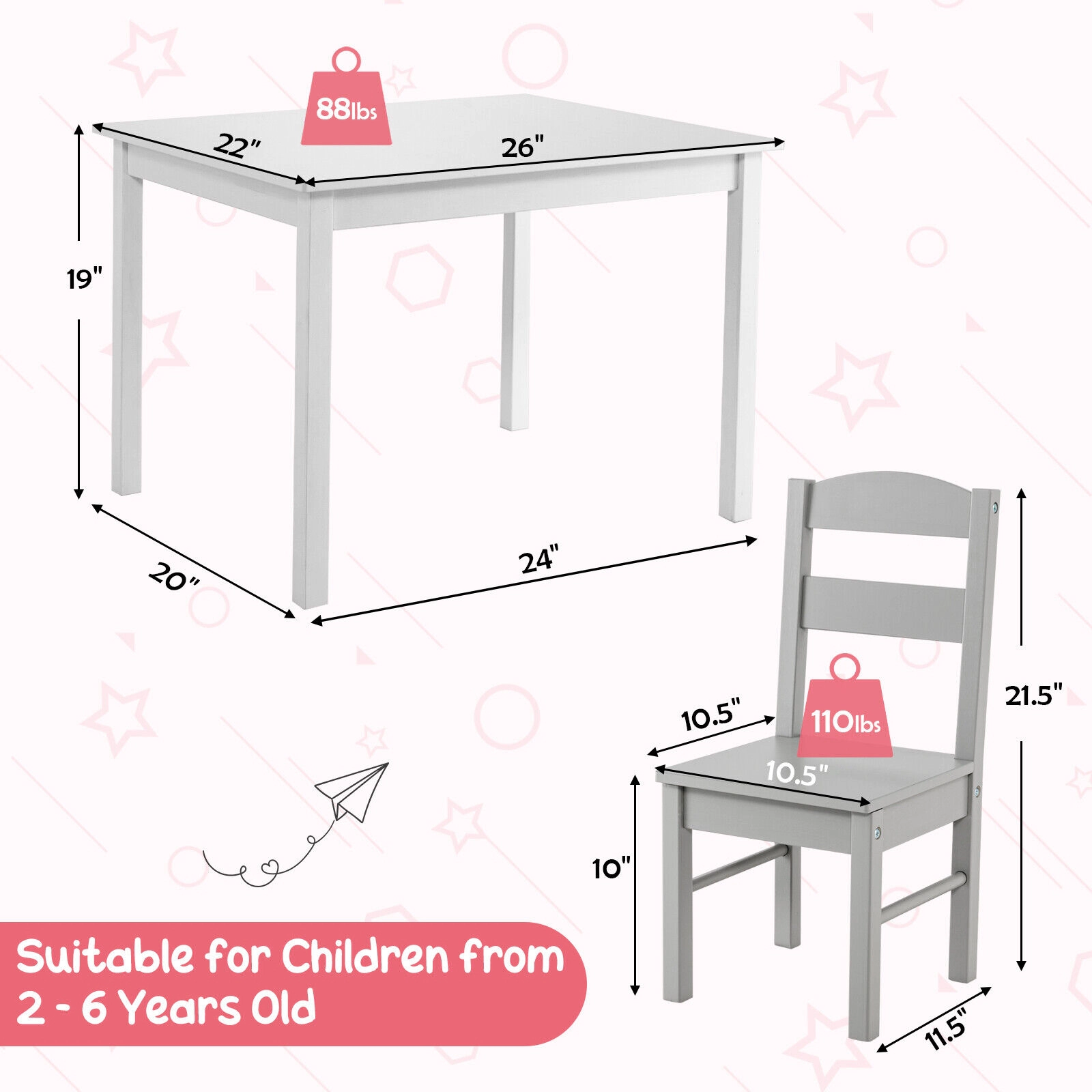 SUGIFT Kids 5-Piece Wooden Table and Chair Set 88-lb Table 110-lb Chairs Ages 2-6 White and Gray