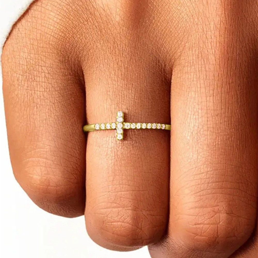 Wardrobe Whimsy Dainty Cubic Zirconia Side Cross Ring for Women