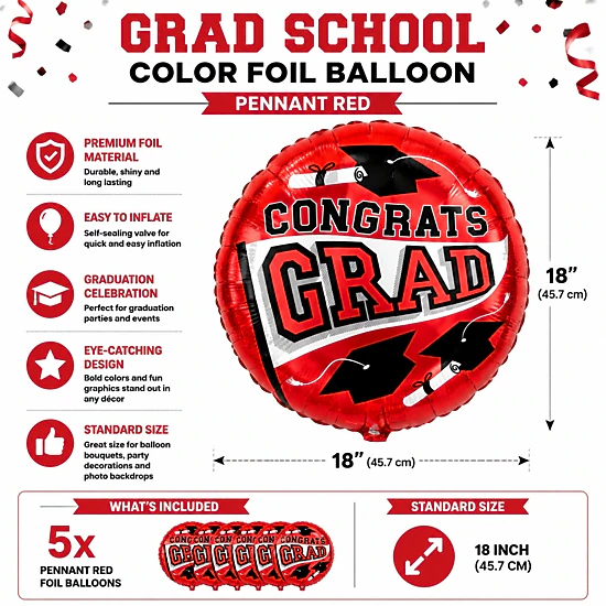 LoonBalloon Graduation School Pennant Foil Balloons, Red, 5 Pack, Color ...