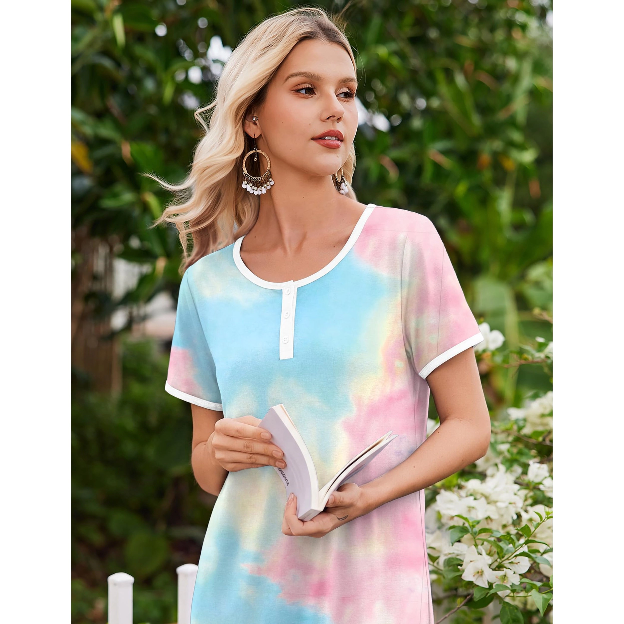 Ekouaer Women' Satin Nightgown Sleepwear Lace V Neck Side Slits Nightie Short Sleeves Nightshirt