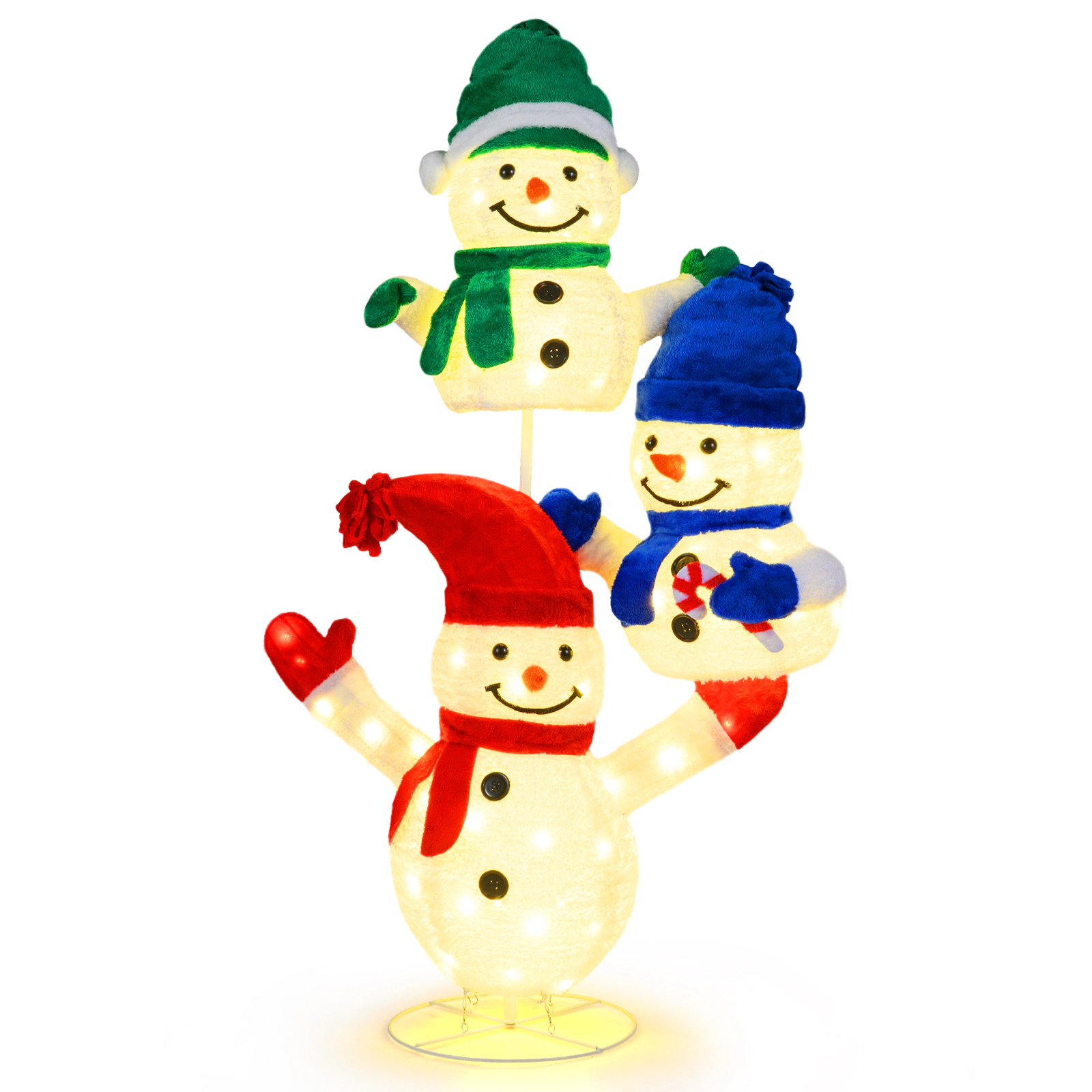 SUGIFT White 5-ft Stacked Snowman Lighted Christmas Decoration with 110 LED Lights Hats and Scarves